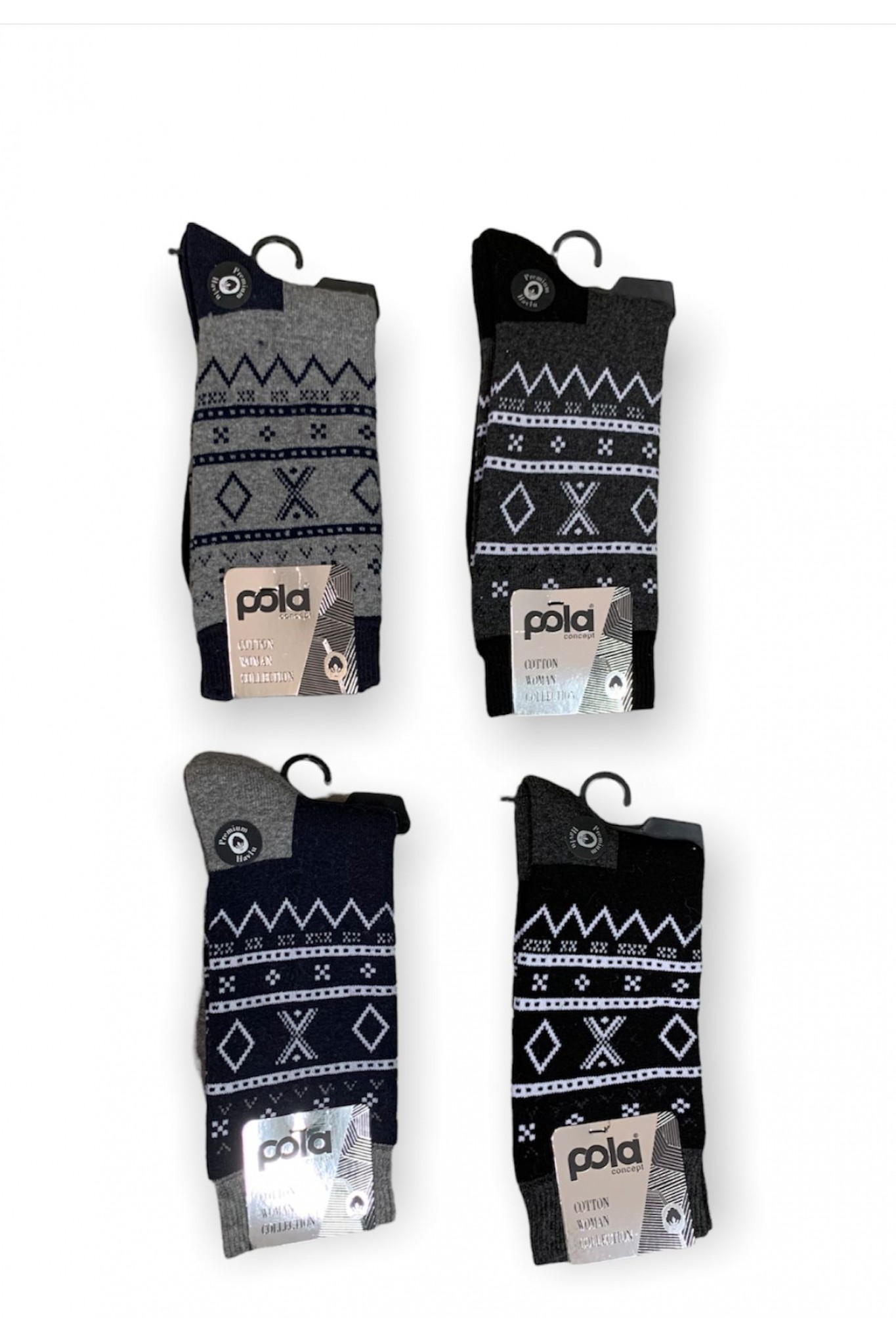 Pola Kadın Havlu Çorap Siyah Renk Cızgılı Kutu 12'li