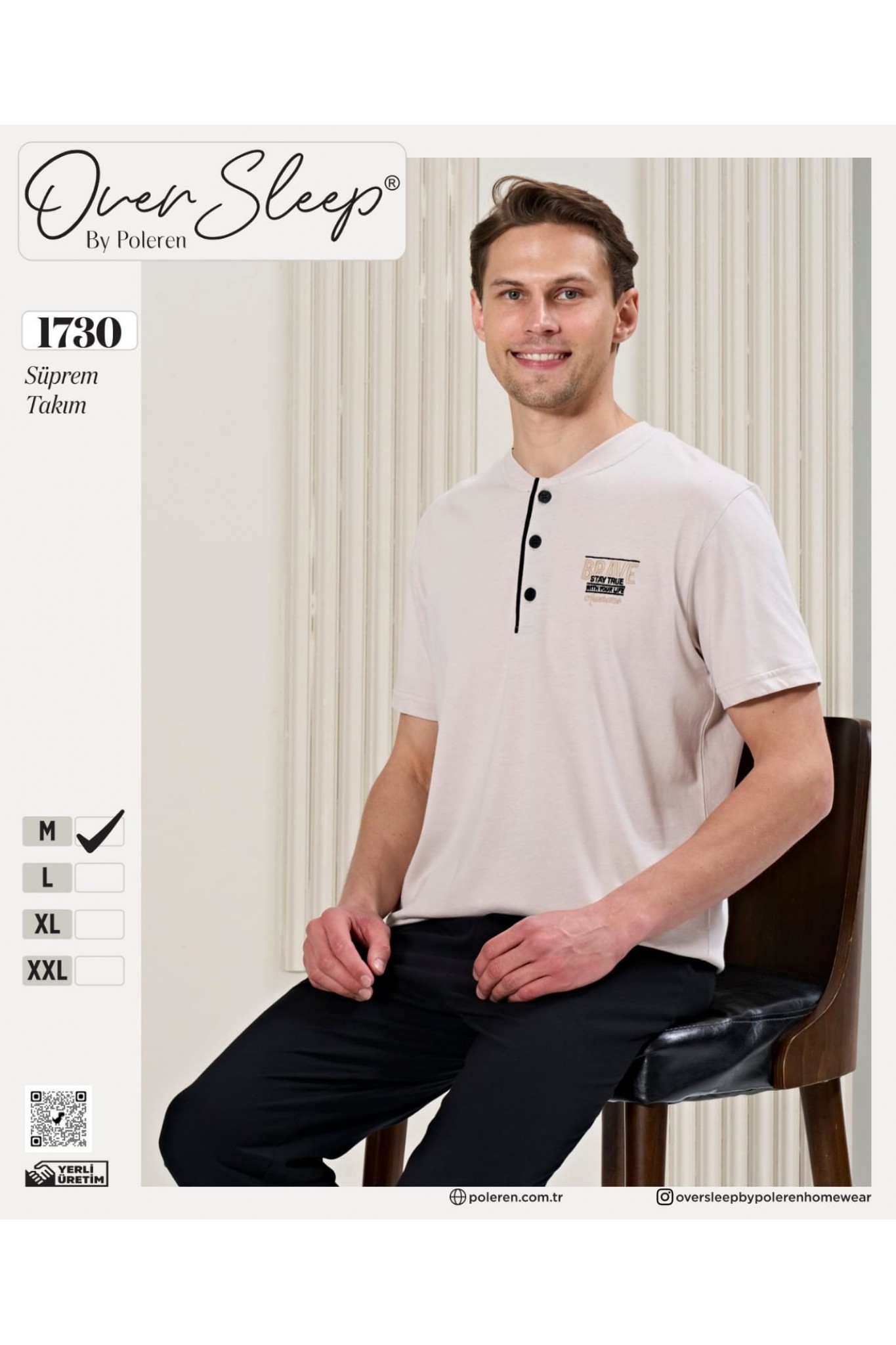 Over Sleep Erkek Poleren Bej Pijama Takım