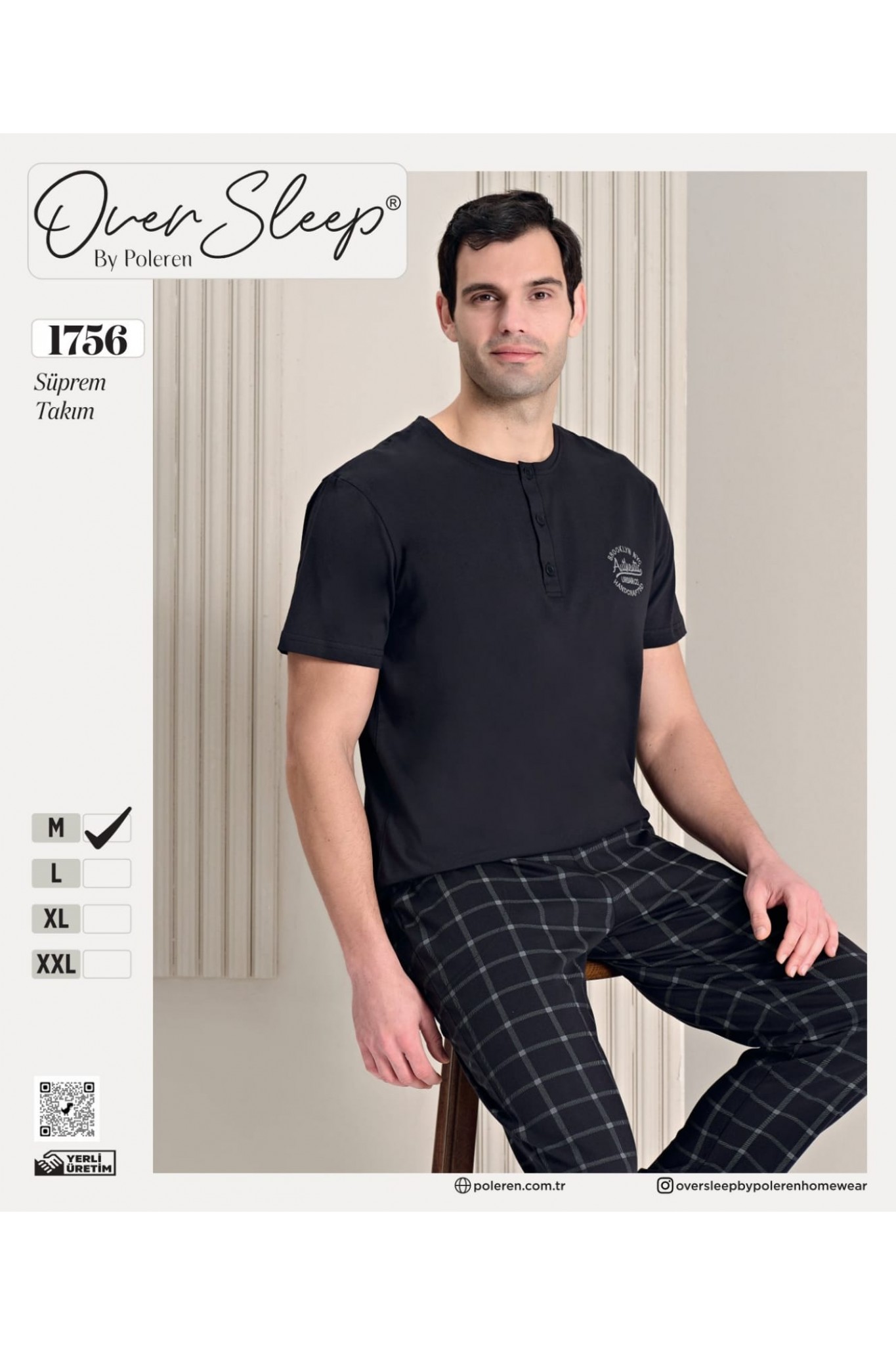 Over Sleep Poleren Erkek Siyah Patlı Süprem Kısa Kollu Pijama Takımı