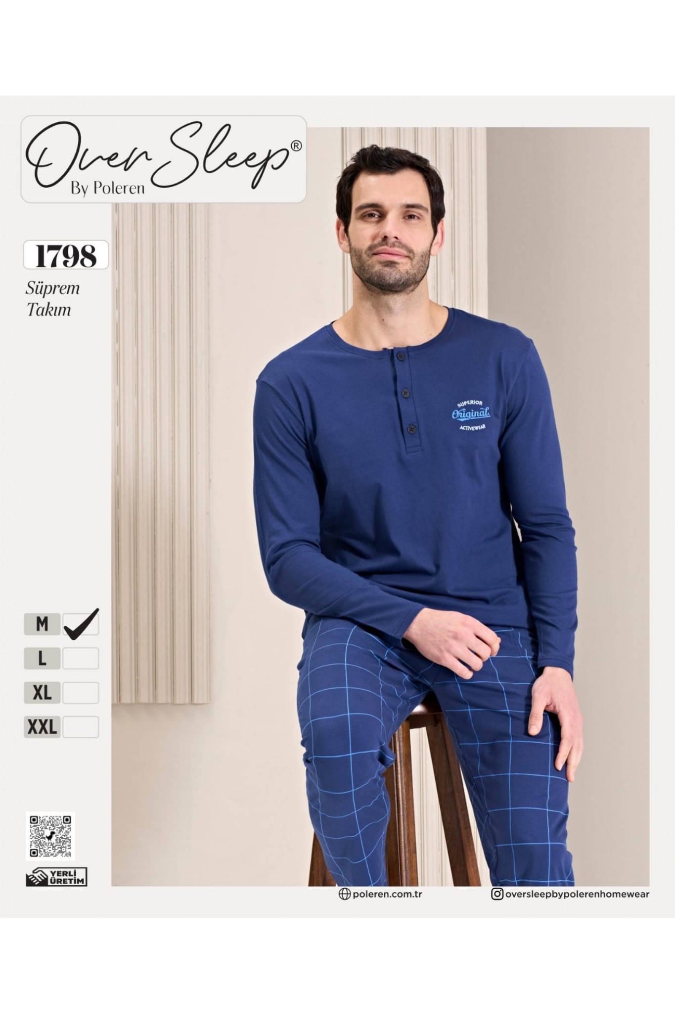 Over Sleep Erkek Poleren Lacıvert Pijama Takım