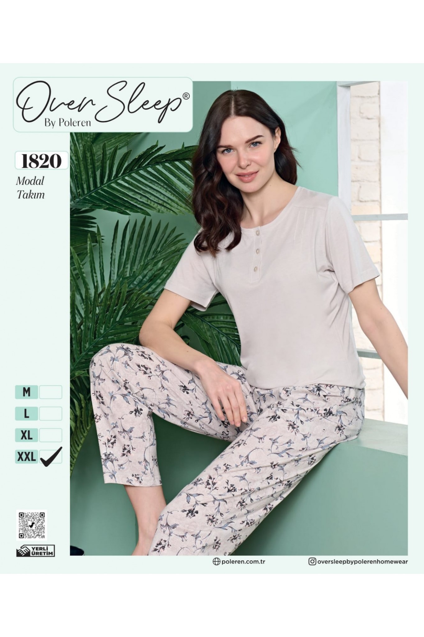 Over Sleep Kadın Poleren L Bej Modal Kısa Kollu Pijama Takım