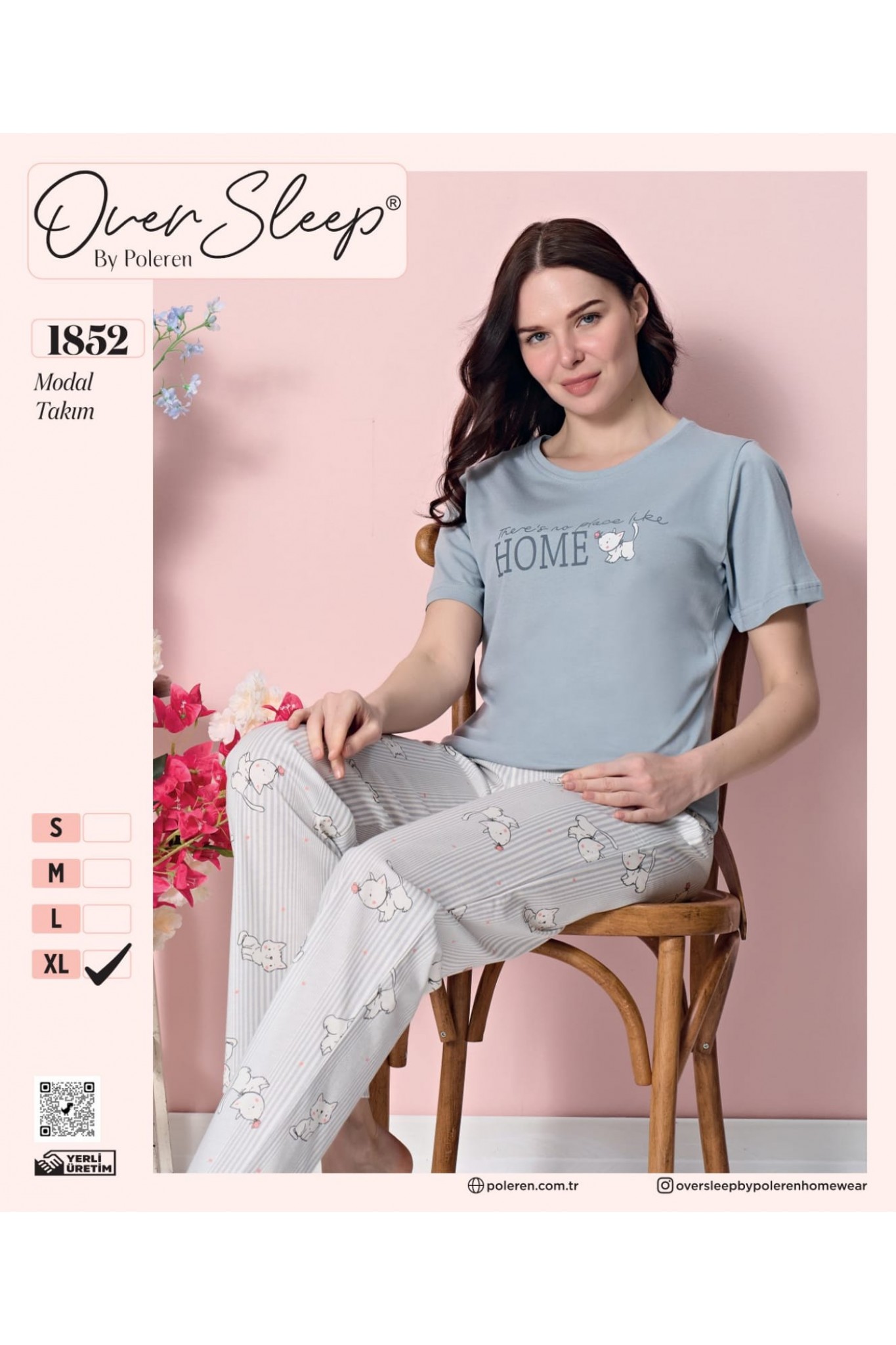 Over Sleep Poleren Kadın Gri Modal Kısa Kollu Pijama Takımı