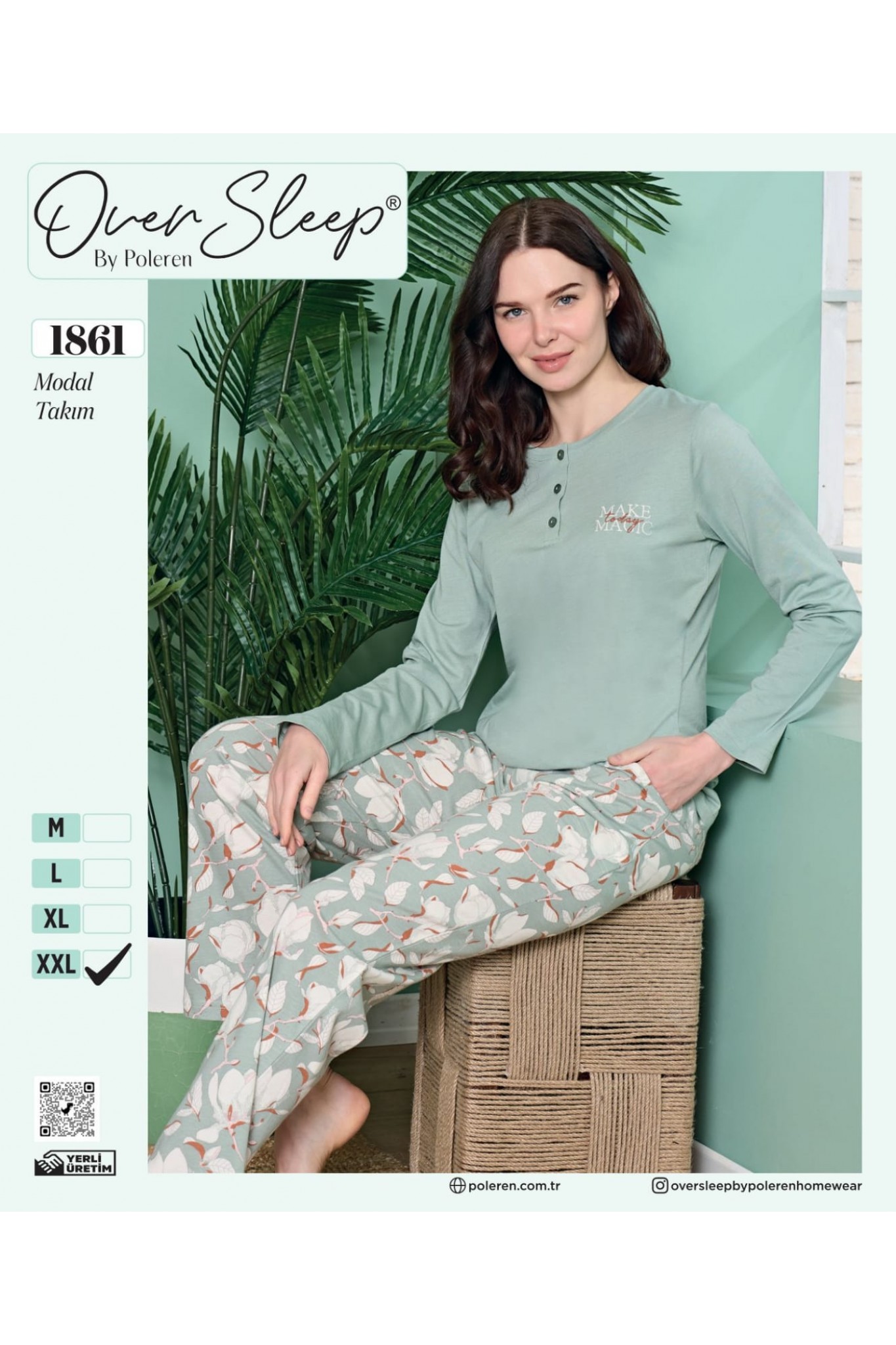 Over Sleep Kadın Modal Poleren M Yeşil Pijama Takım