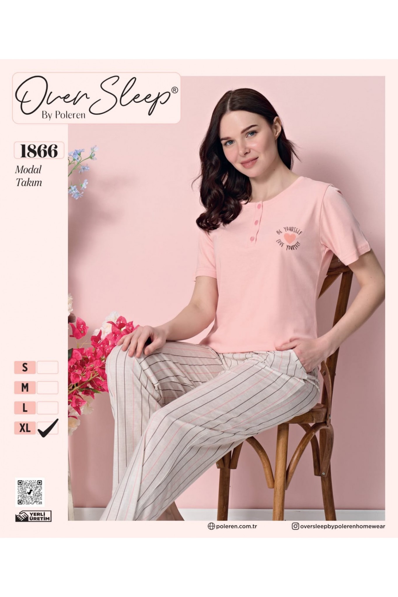 Over Sleep Poleren Kadın L. Pembe Kısa Kollu Patlı Pijama.Takımı