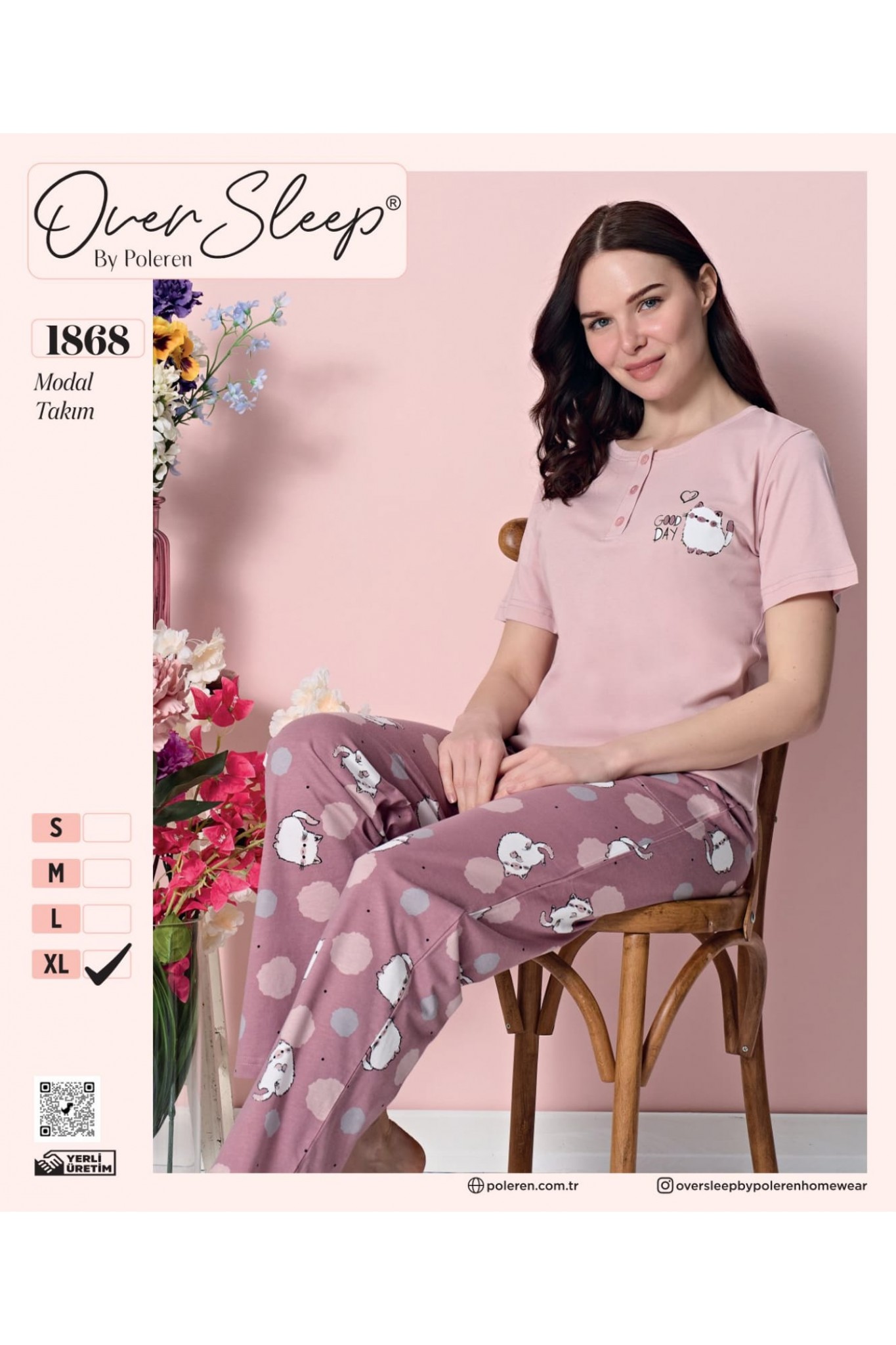 Over Sleep Kadın Modal Poleren Pembe Pijama Takım
