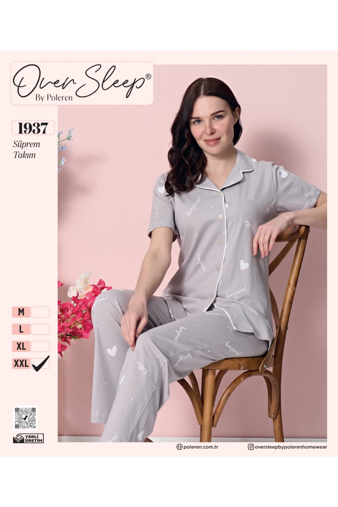 Over Sleep Poleren Gri Önd.Düğmeli. Kadın Süprem Kısa Kollu Pijama Takımı