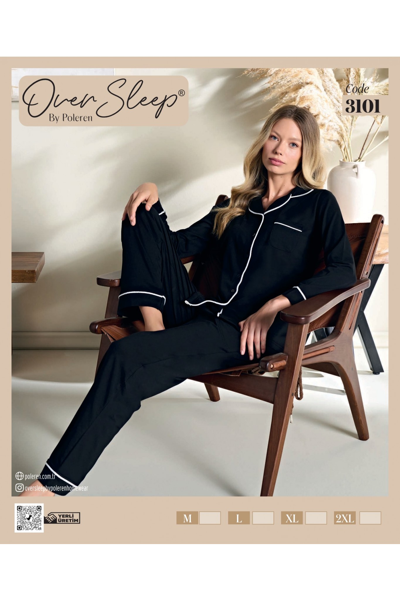 Over Sleep Kadın Poleren Siyah Uzun Kollu Pijama Takım