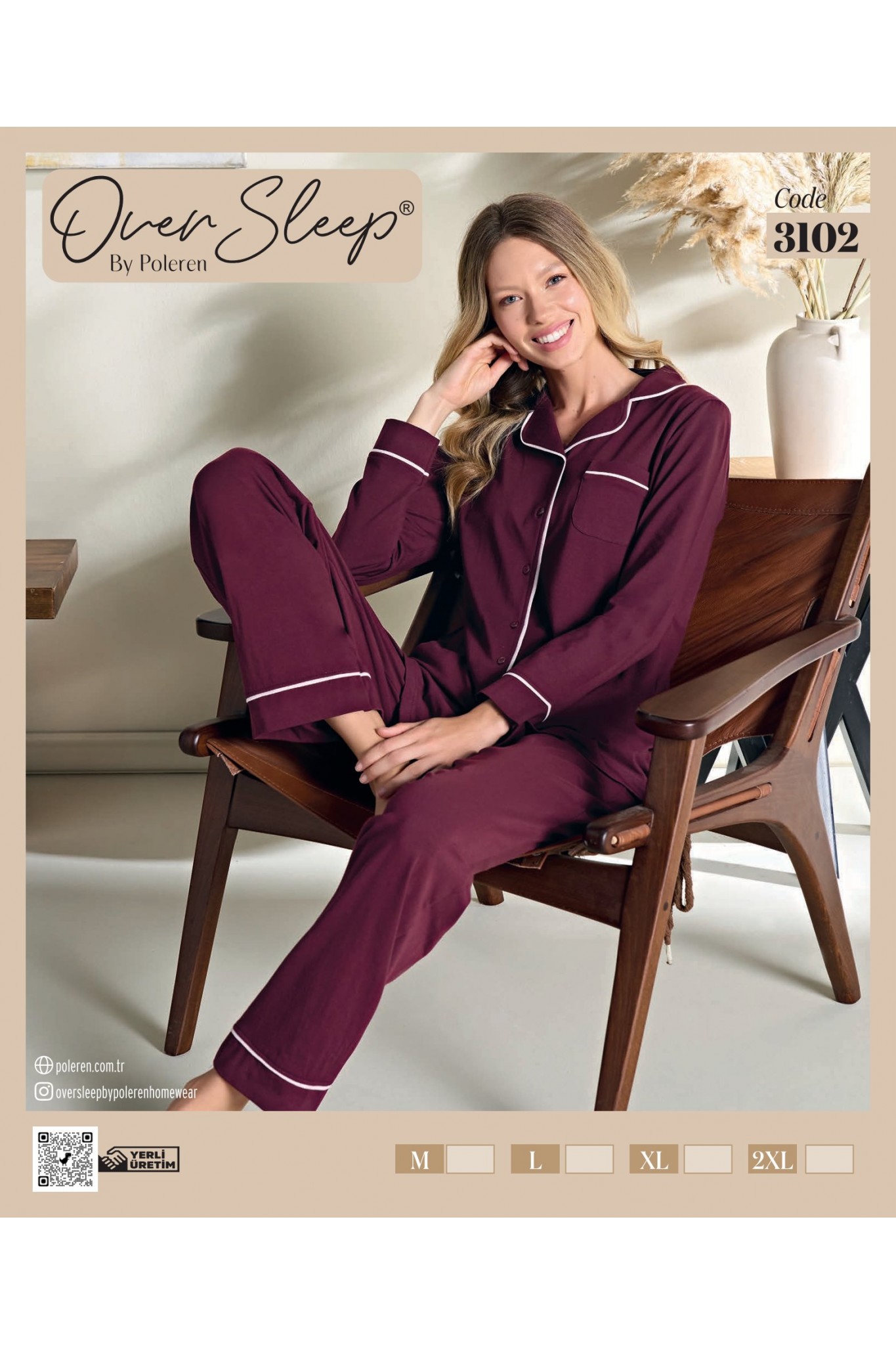 Over Sleep Kadın Poleren Bordo Uzun Kollu Pijama Takım