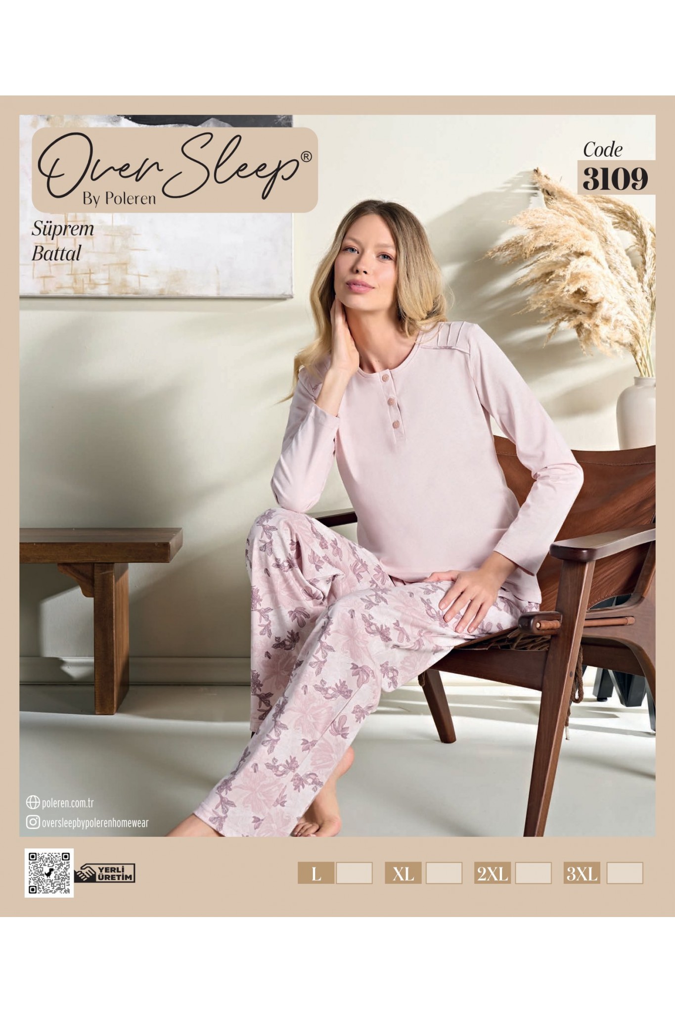 Over Sleep Kadın Battal Poleren Pudra Uzun Kollu Pijama Takım