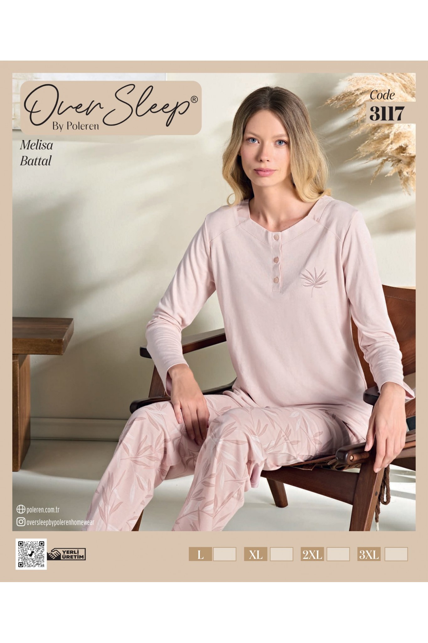 Over Sleep Kadın Battal Poleren Pudra Uzun Kollu Pijama Takım