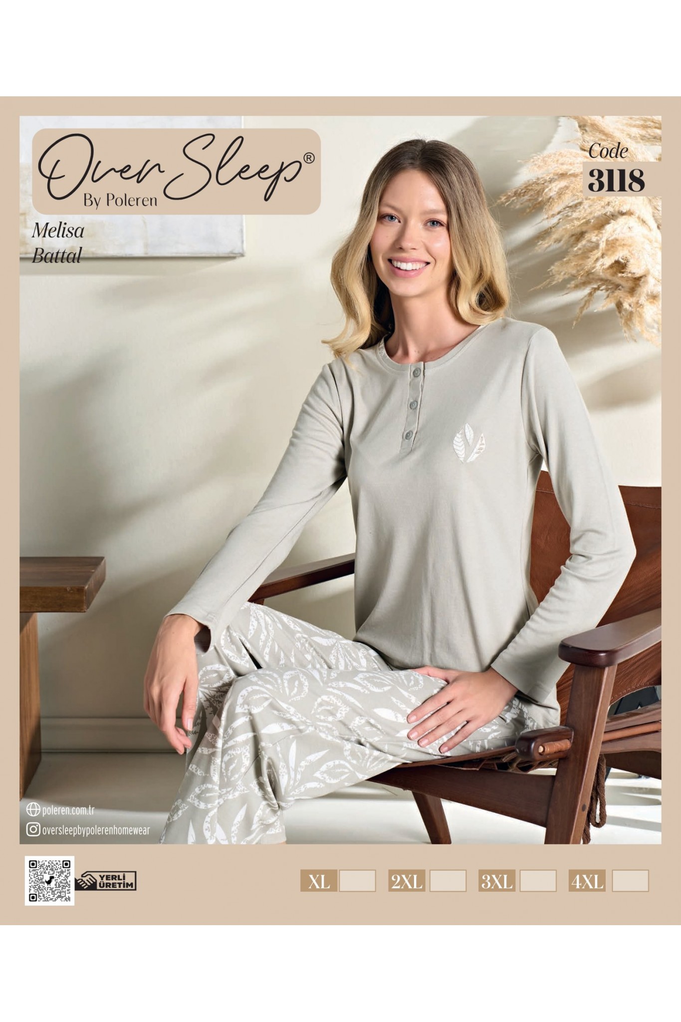 Over Sleep Kadın Battal Poleren Vizon Uzun Kollu Pijama Takım