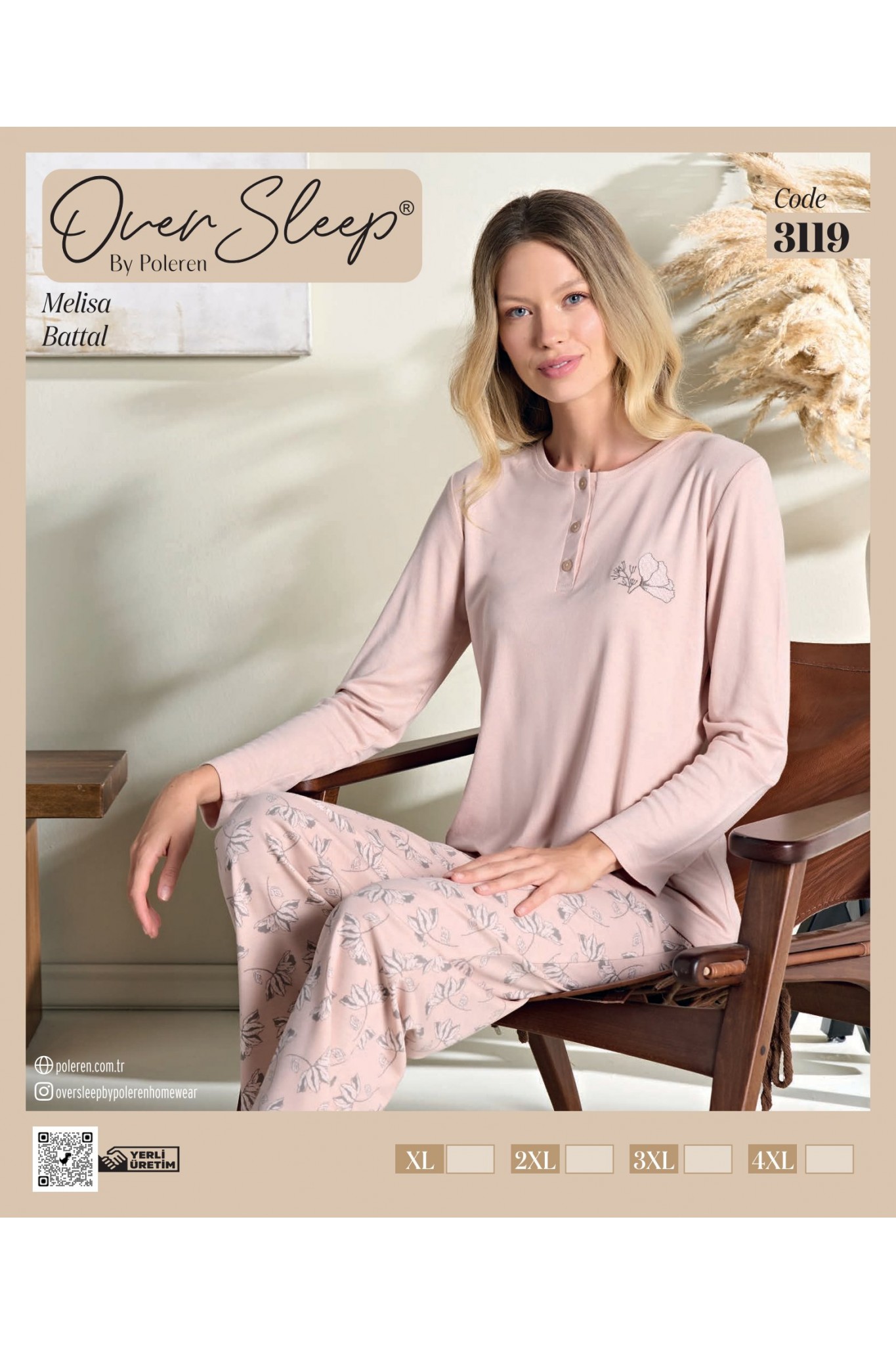 Over Sleep Kadın Battal Poleren Somon Uzun Kollu Pijama Takım