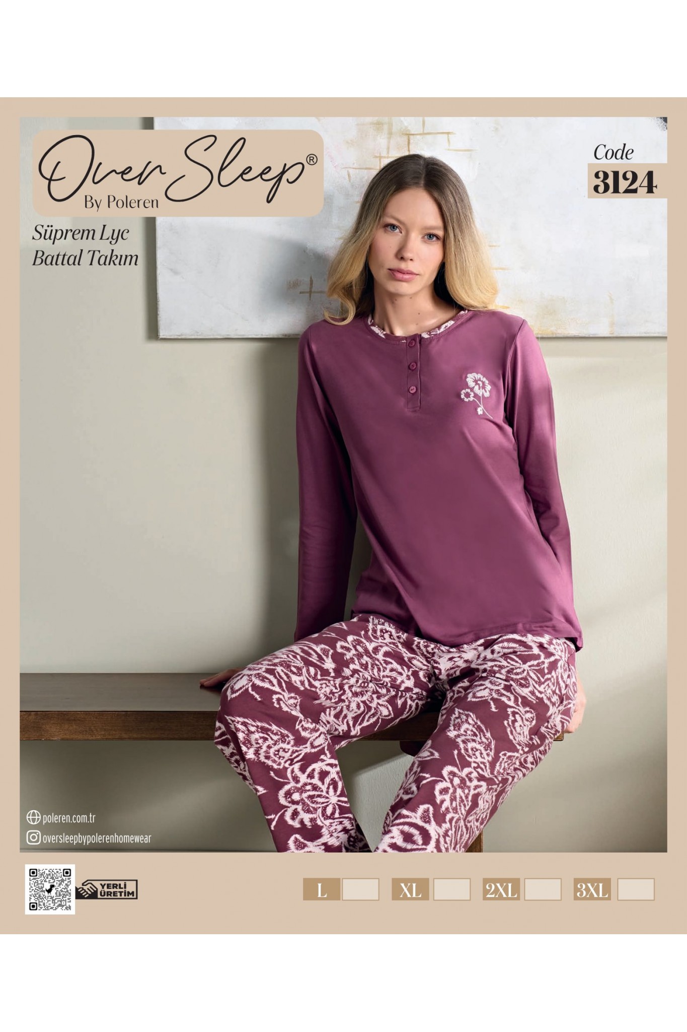 Over Sleep Kadın Battal Poleren Mürdüm Uzun Kollu Pijama