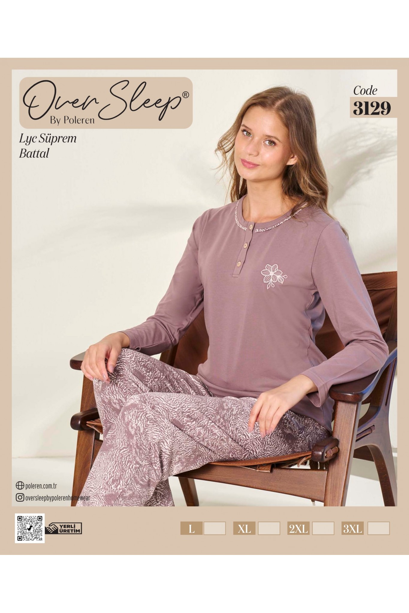 Over Sleep Kadın Battal Poleren Kahve Uzun Kollu Pijama Takım