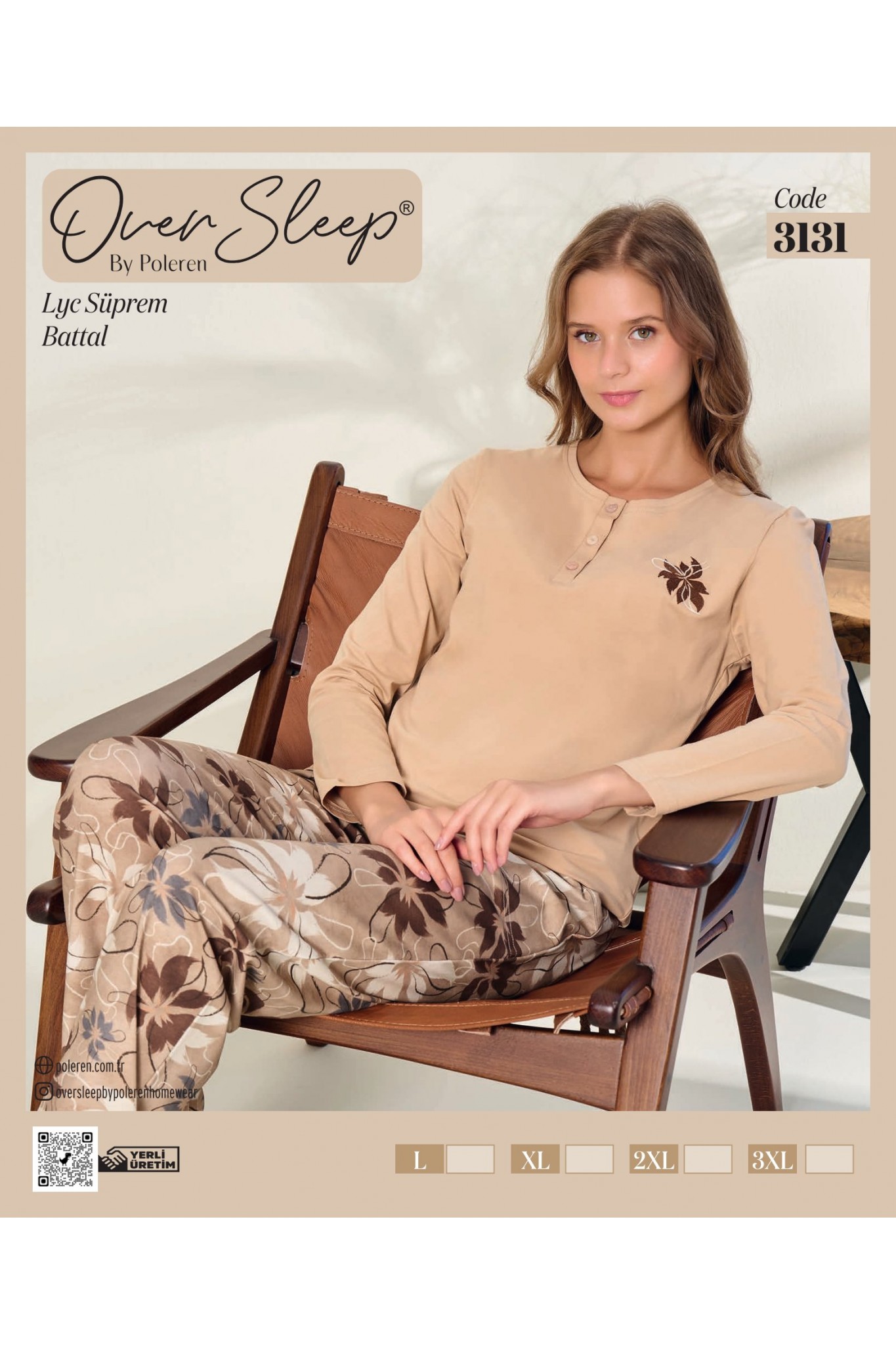 Over Sleep Kadın Battal Poleren Bej Uzun Kollu Pijama Takım