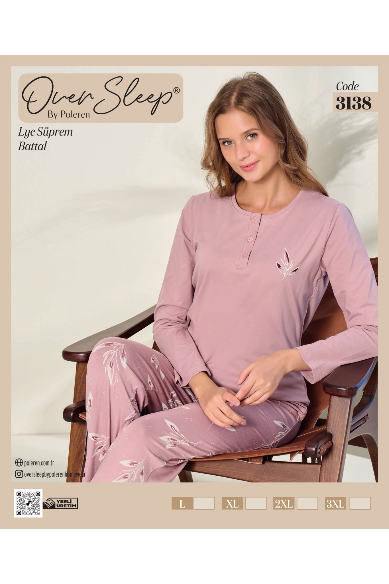 Over Sleep Kadın Battal Poleren Gül Kurusu Uzun Kollu Pijama Takım