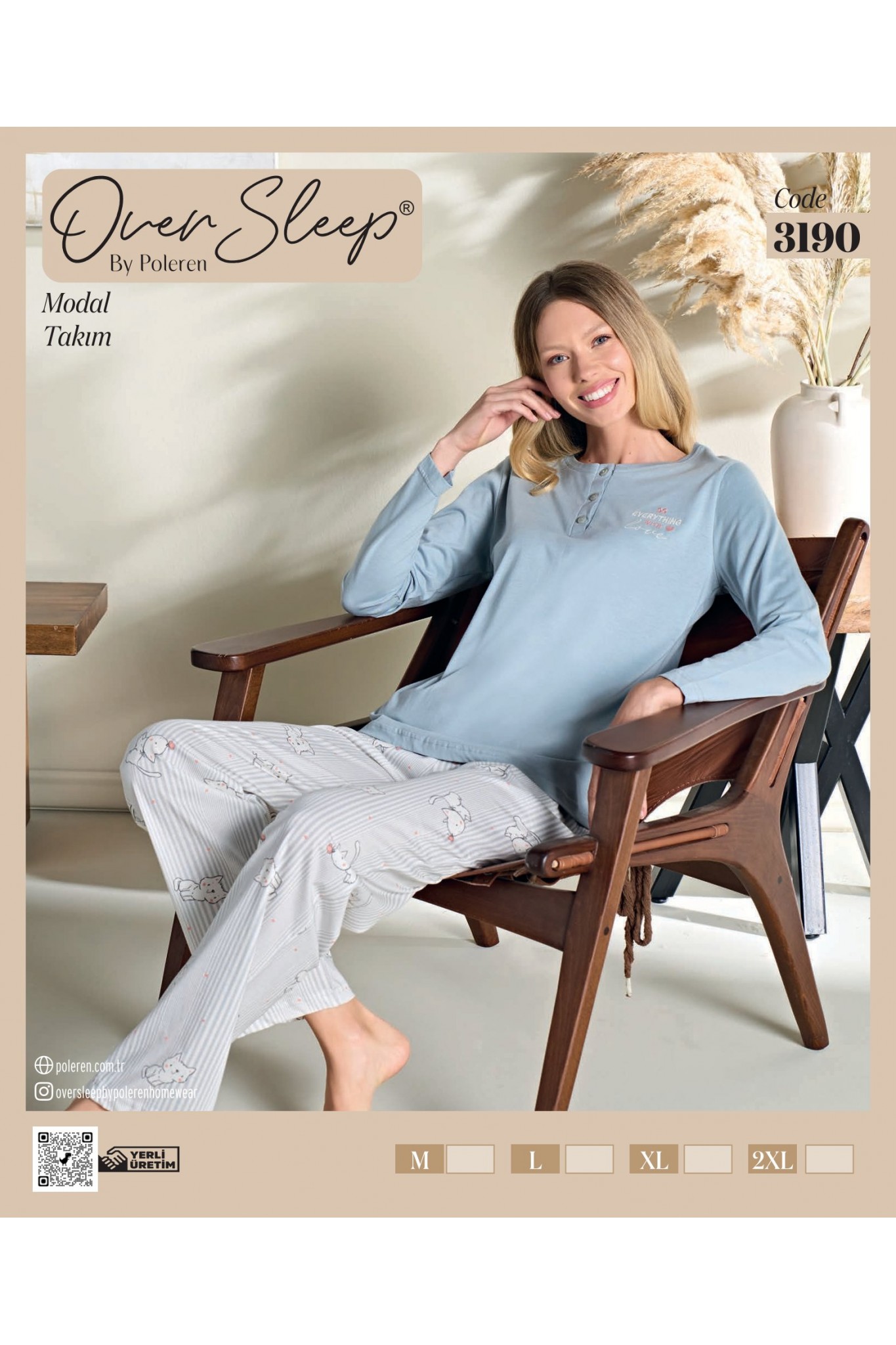 Over Sleep Kadın Poleren Gri Uzun Kollu Pijama Takım