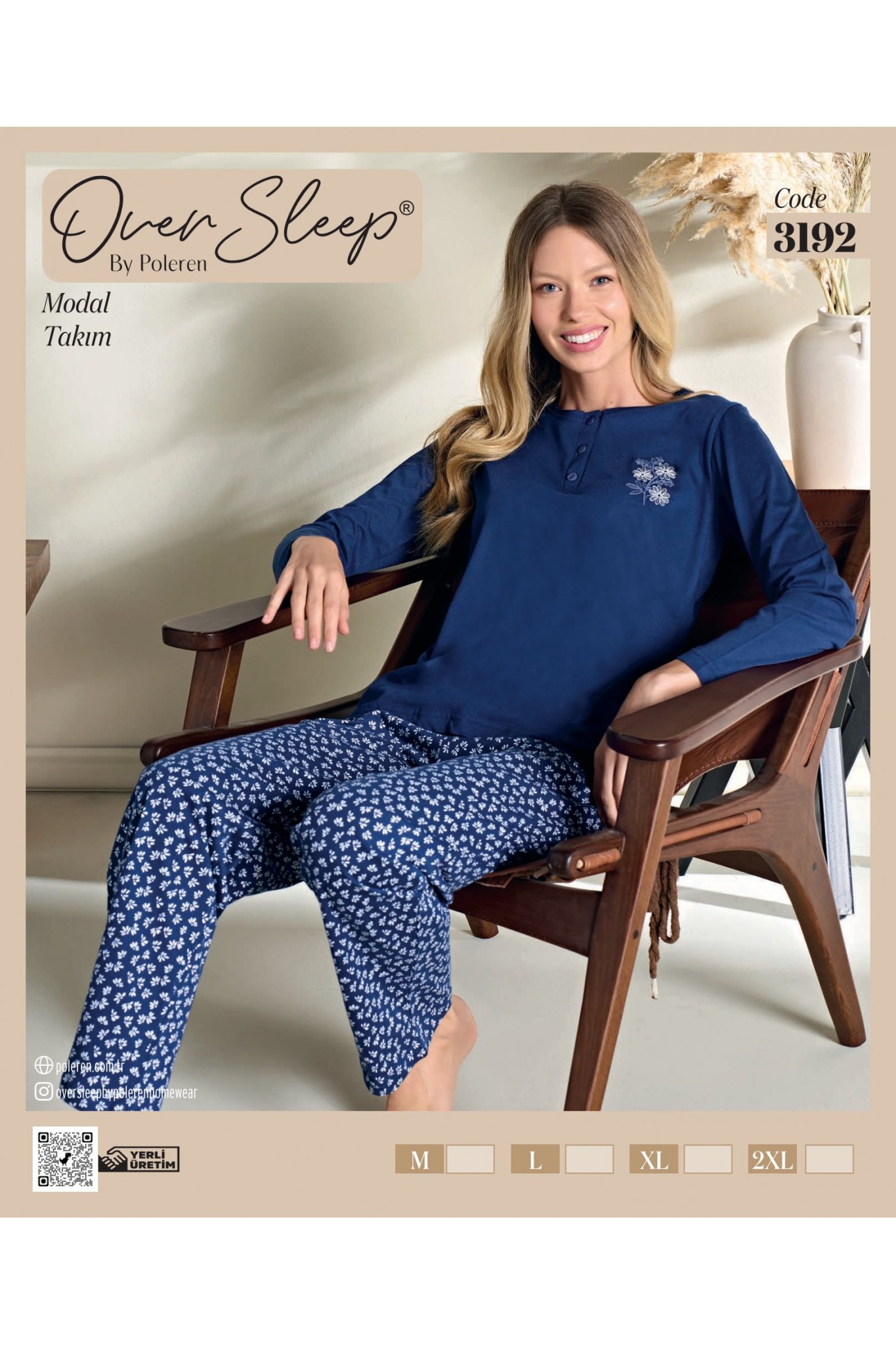 Over Sleep Kadın Poleren Lacıvert Uzun Kollu Pijama Takım