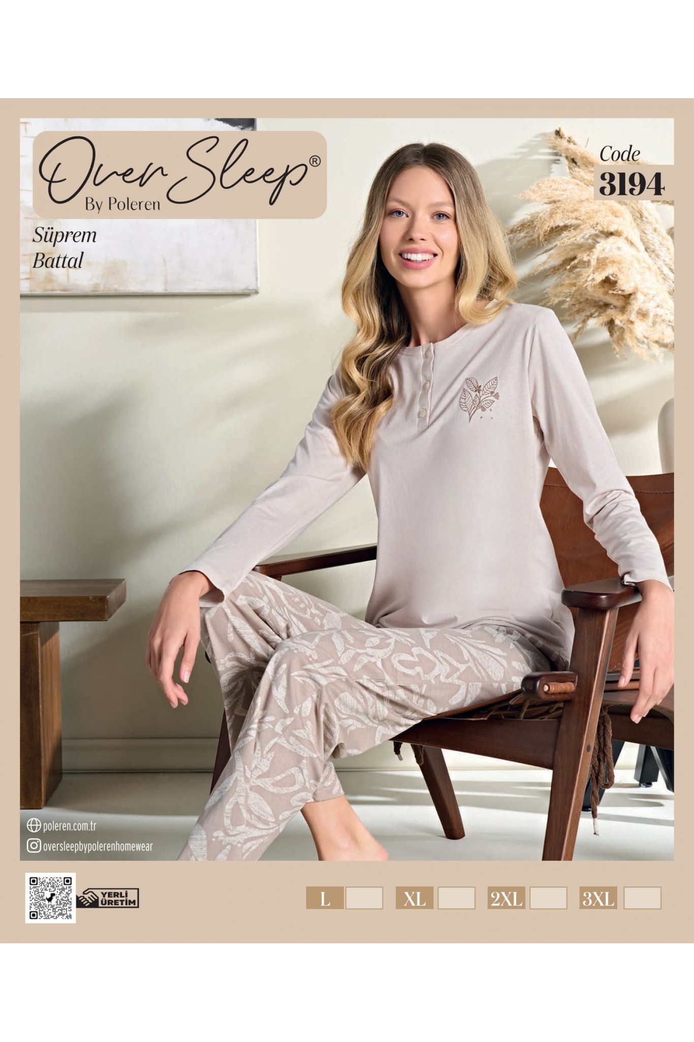 Over Sleep Kadın Battal Poleren Bej Uzun Kollu Pijama Takım