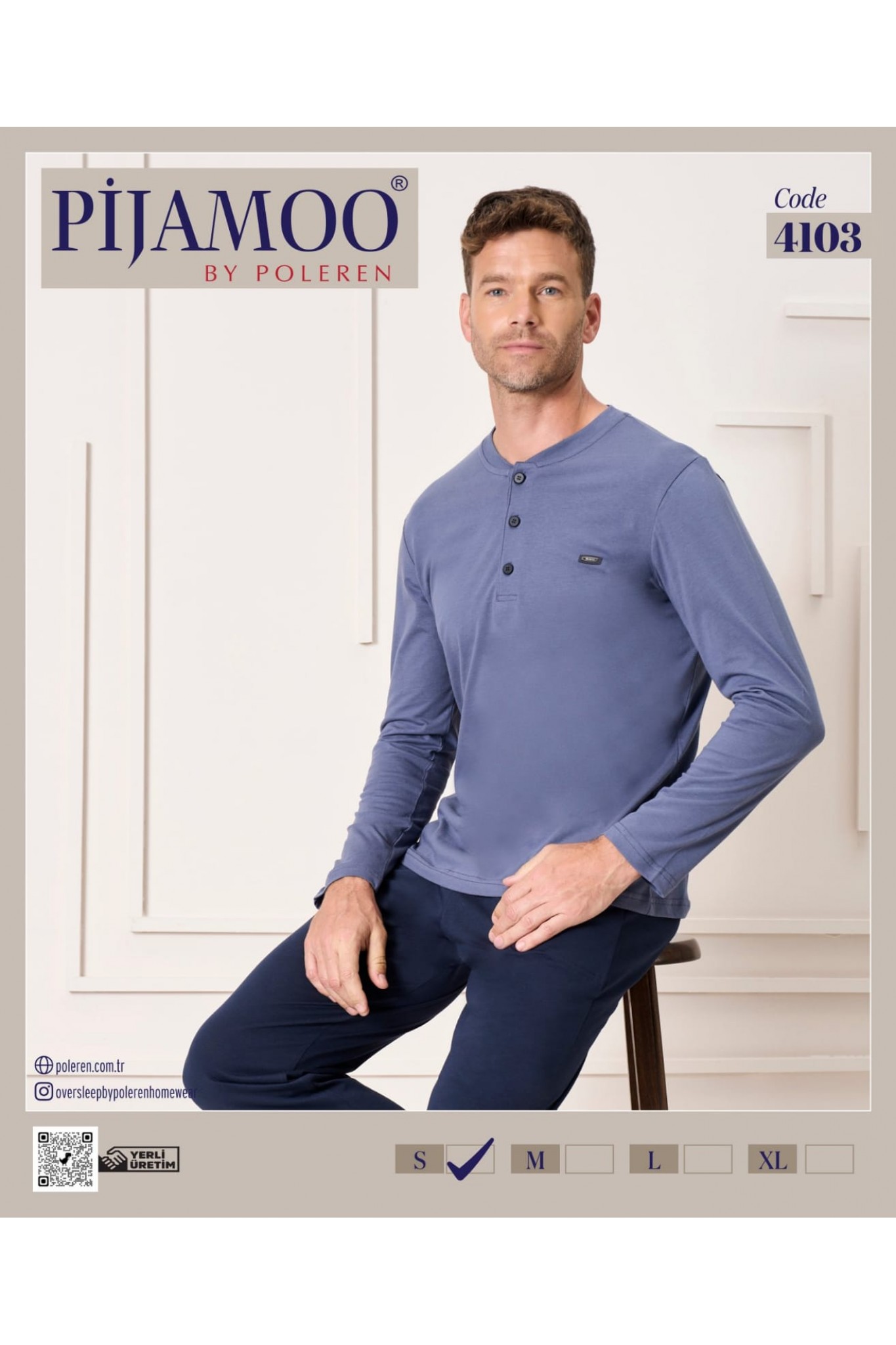 Pijamoo Erkek Poleren İndigo Uzun Kollu Pijama Takım