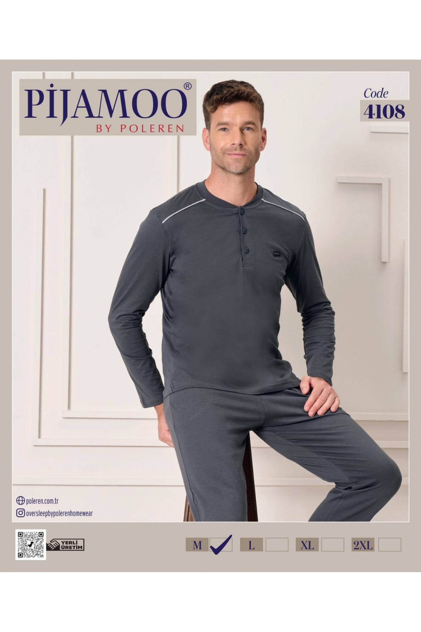 Pijamoo Erkek Poleren Füme Uzun Kollu Pijama Takım