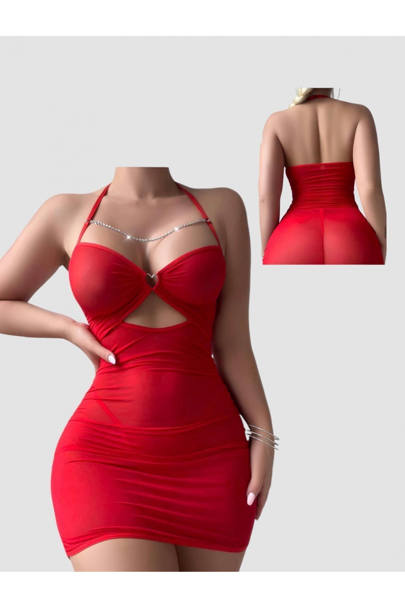 Beleng 6081 Kırmızı Fantazi Kalp Detaylı Tül Gecelik