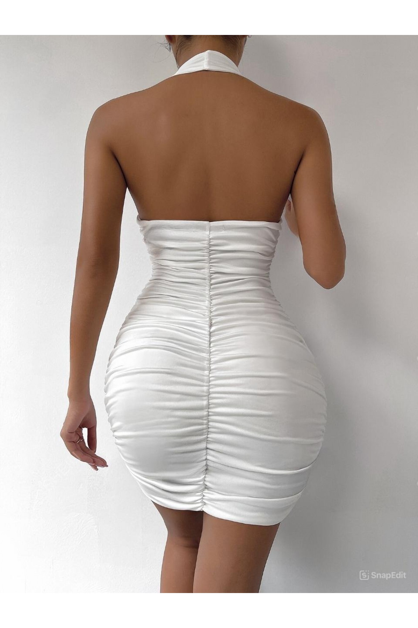 Beleng 7076 Beyaz Boyundan Askılı Büzgülü Elbise