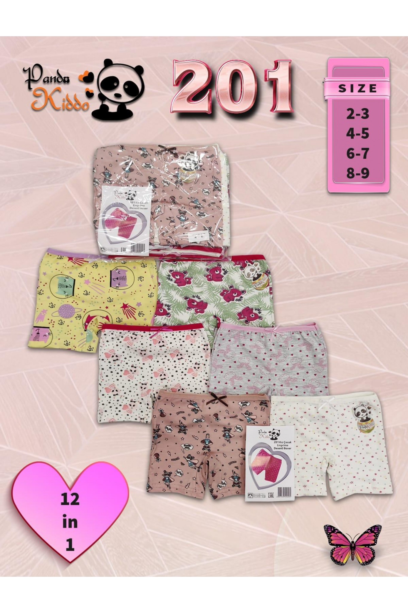 Panda Kıds Kız Çocuk Empirme Desenli Boxer 12'li