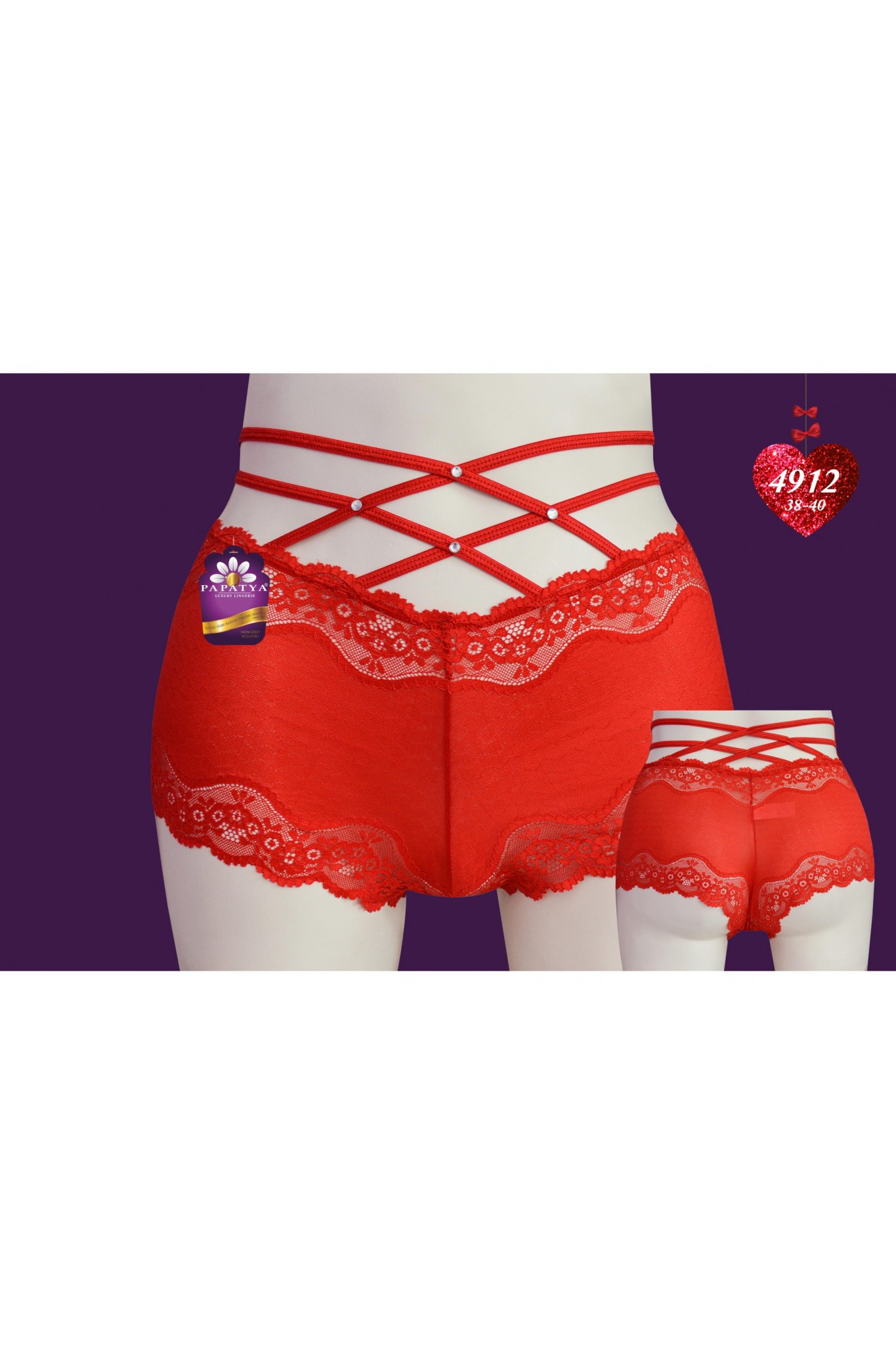 Papatya 4912 38/40 Kırmızı Sort Komple Ortası Saten Bant Ust Çapraz 12'li