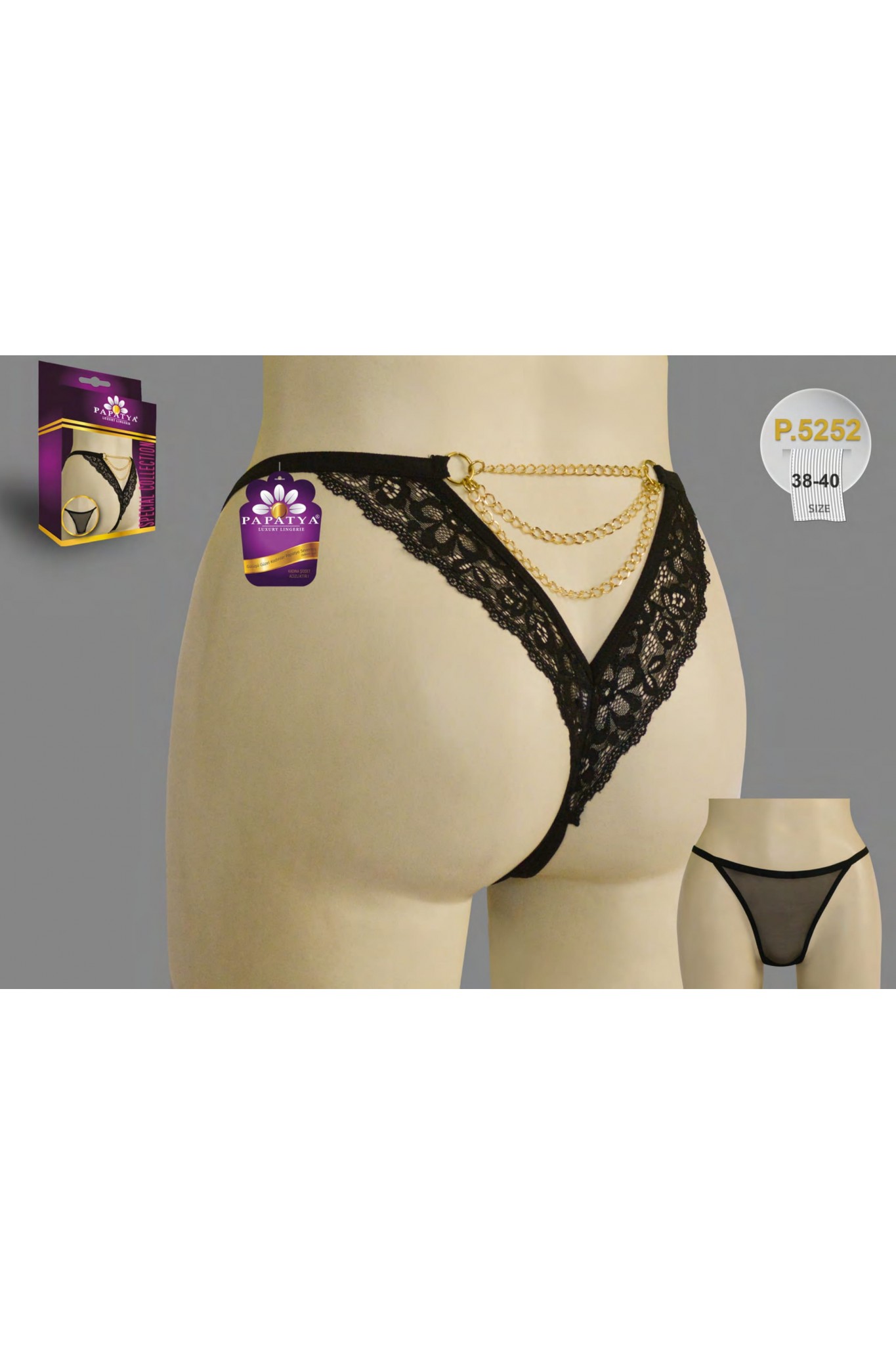Papatya P.5252 Siyah İp Tanga On Tul Arka Bant Ortası Zıncır Aks