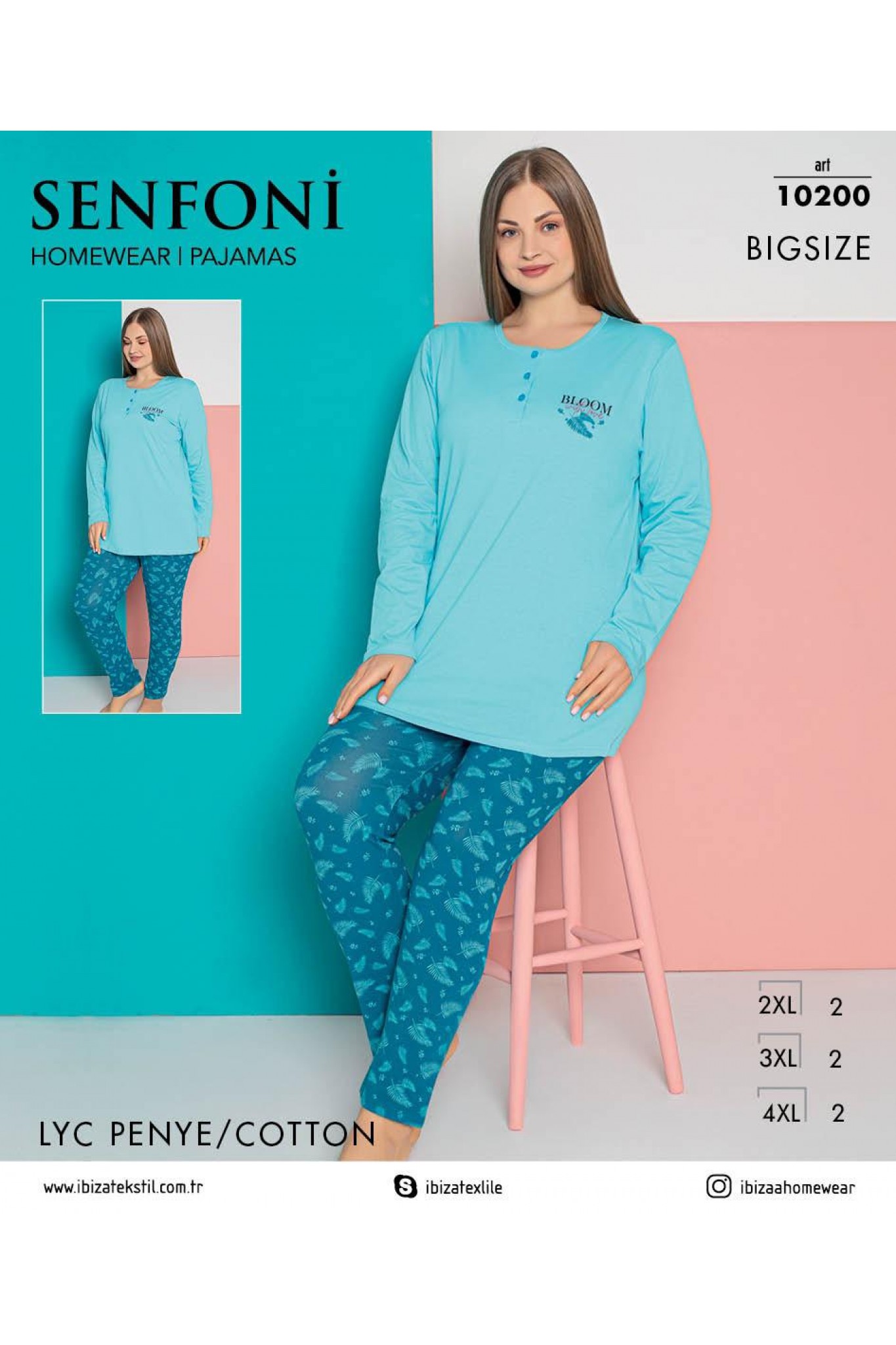 Senfoni 10200 Kadın Penye Uzun Kollu Mavi Pijama Takım