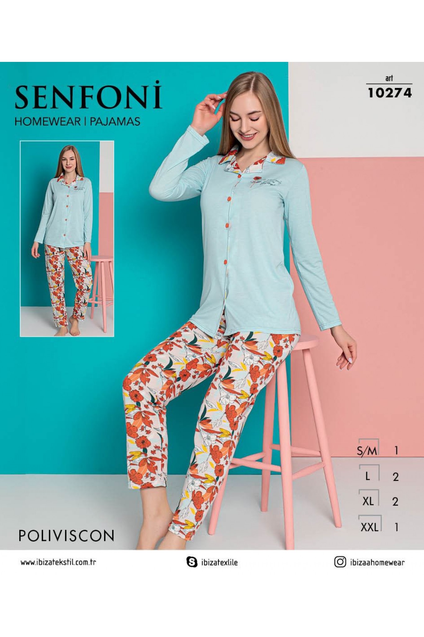 Senfoni 10274 Kadın Polıviskon Mavi Uzun Kollu Pijama Takım