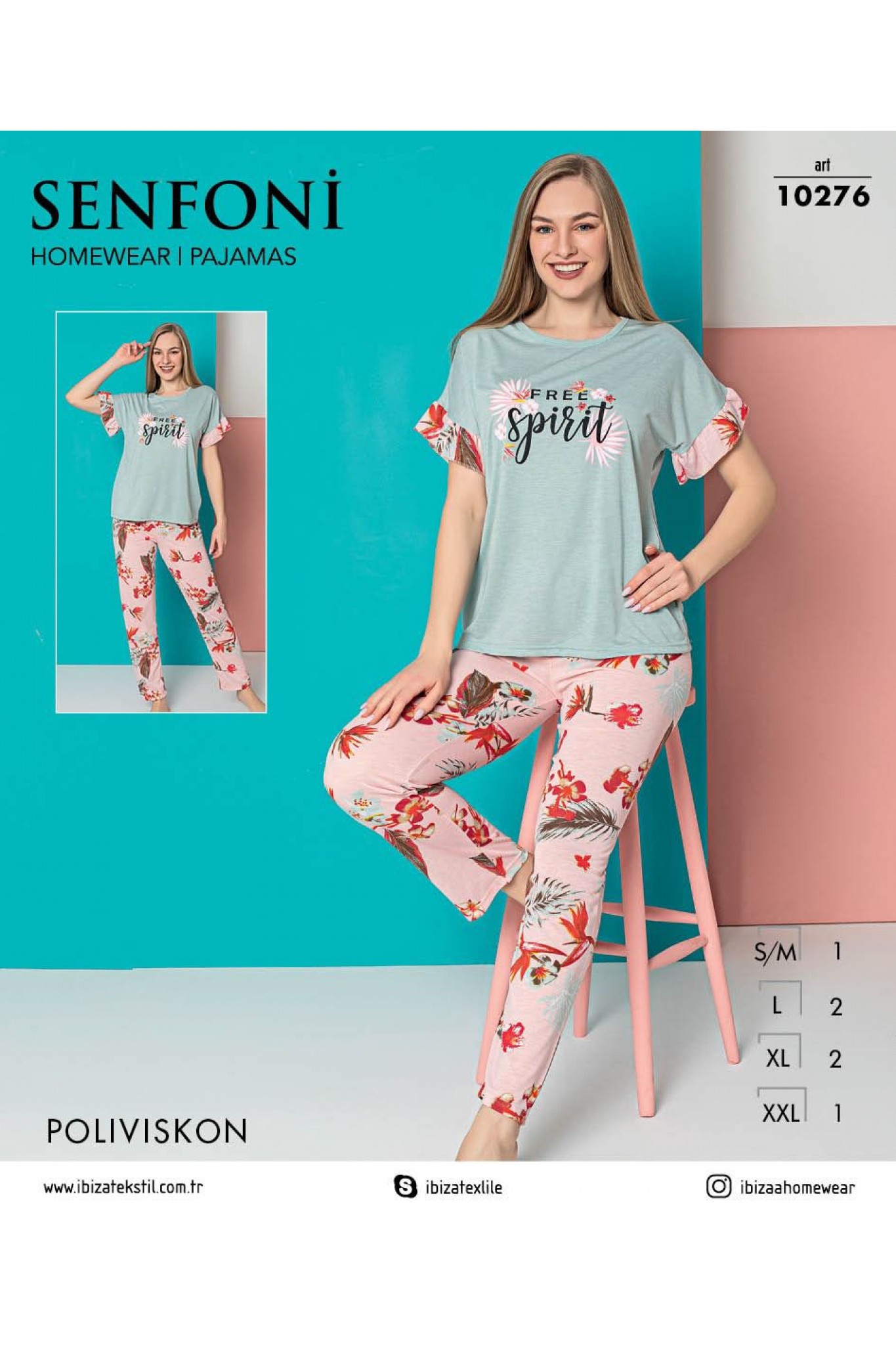 Senfoni 10276 Kadın Polıviskon Yeşil Kısa Kol Pijama Takım