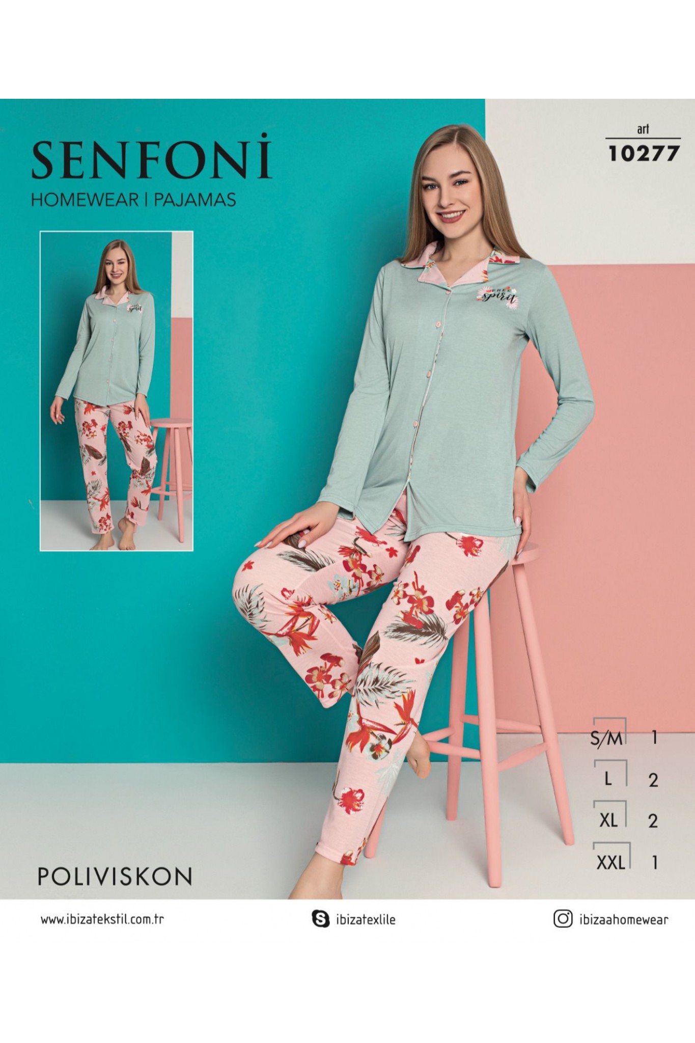 Senfoni 10277 Kadın Poliviskon Uzun Kollu Yeşil Pijama Takım