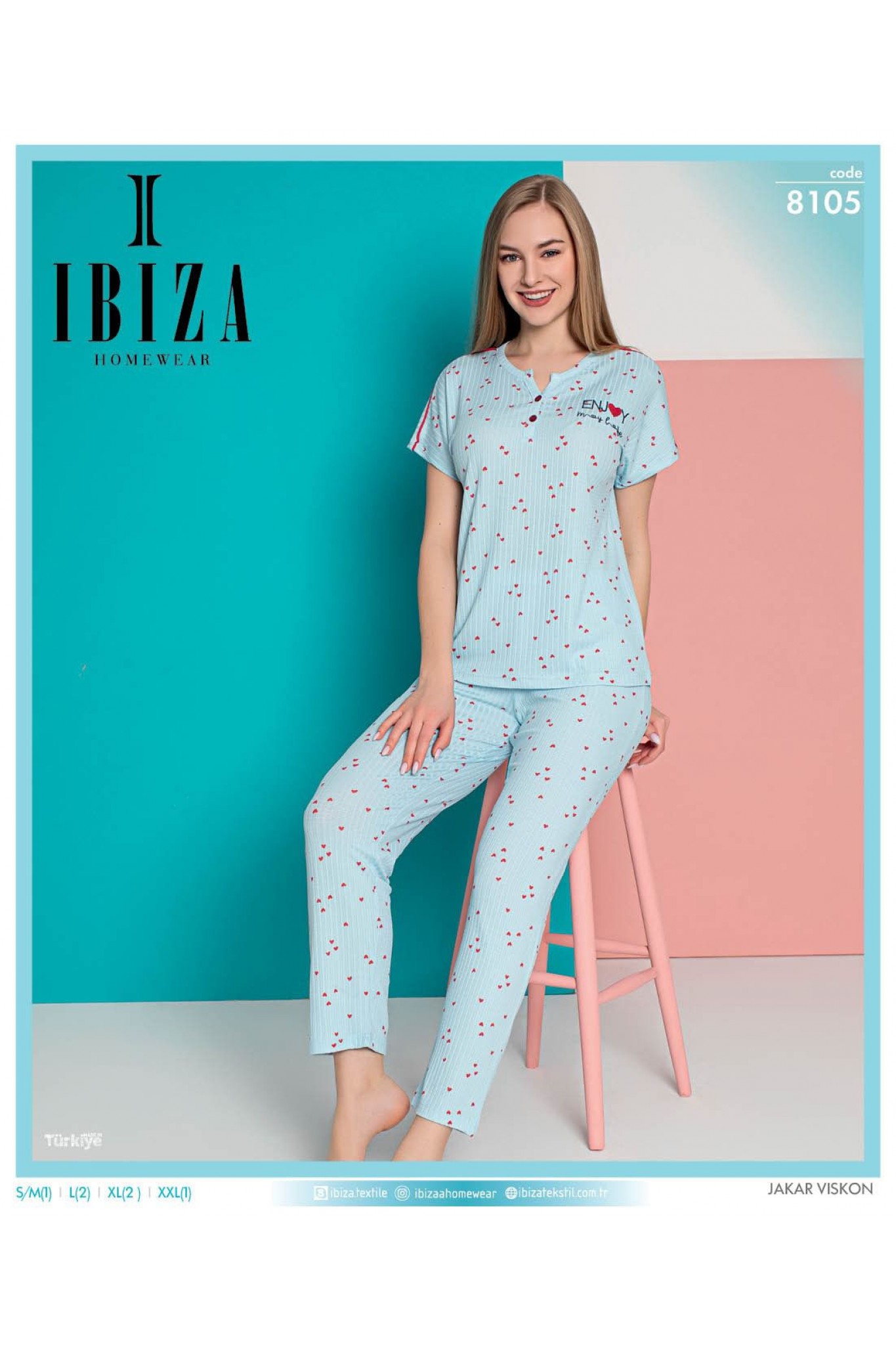 Ibıza 8105 Kadın Jakar Viskon Mavi Kısa Kol Pijama Takım