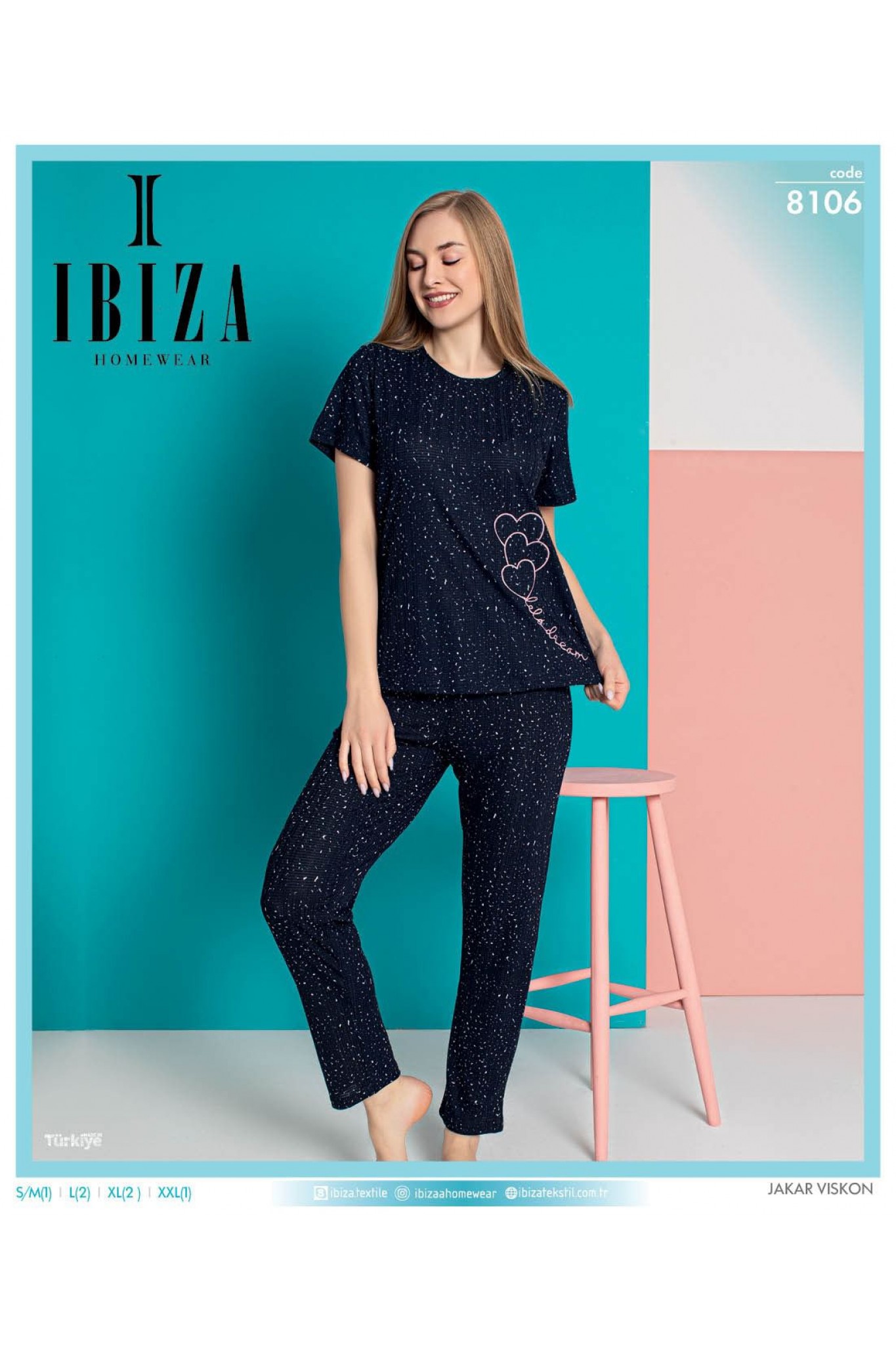 Ibıza 8106 Kadın Jakar Viskon Lacıvert Kısa Kol Pijama Takım