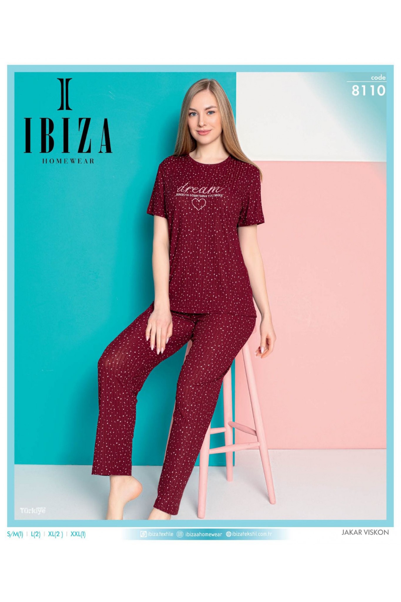 Ibıza 8110 Kadın Jakar Viskon Bordo Kısa Kol Pijama Takım