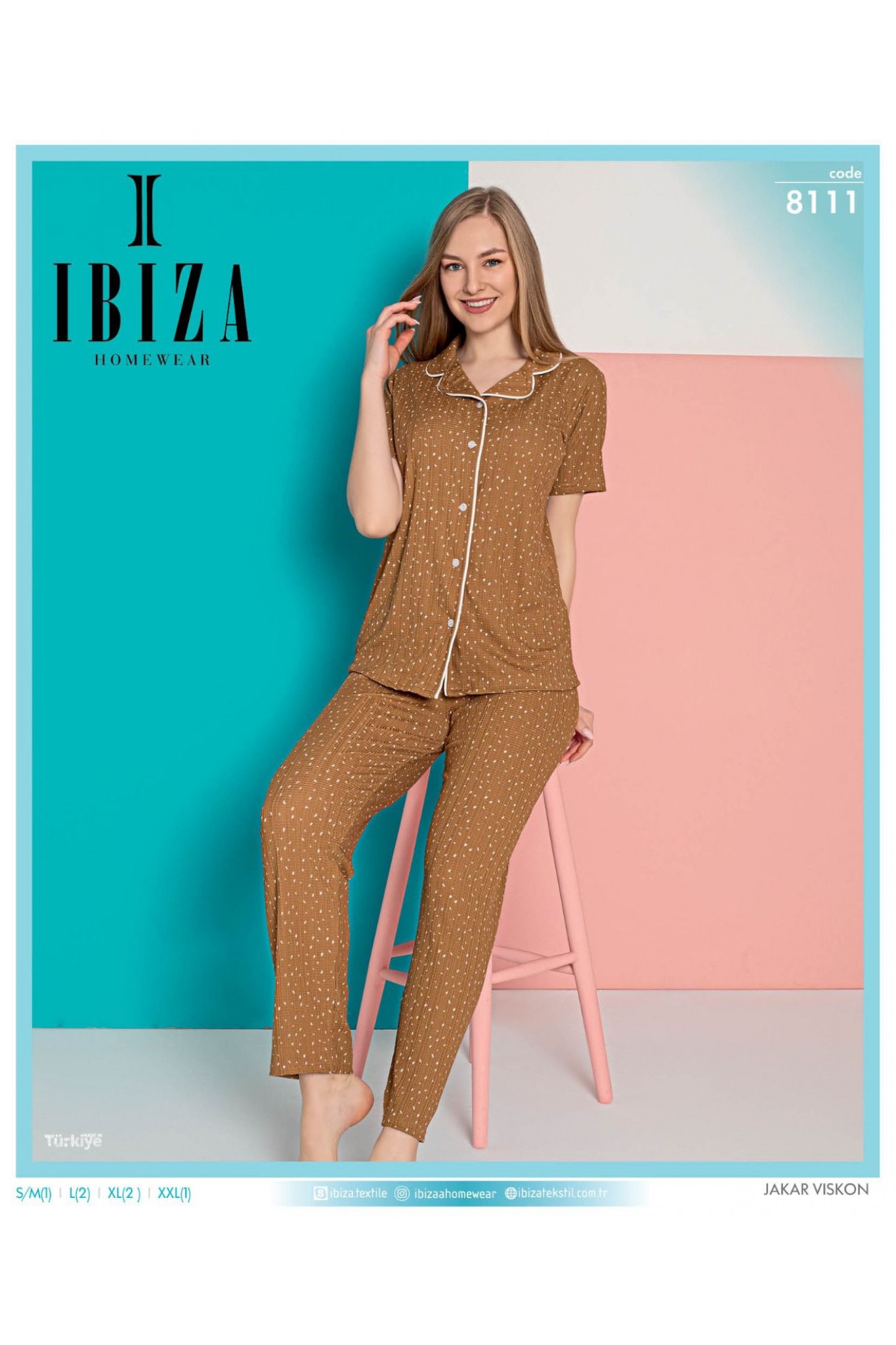 Ibıza 8111 Kadın Jakar Viskon Hardal Kısa Kollu Pijama Takım