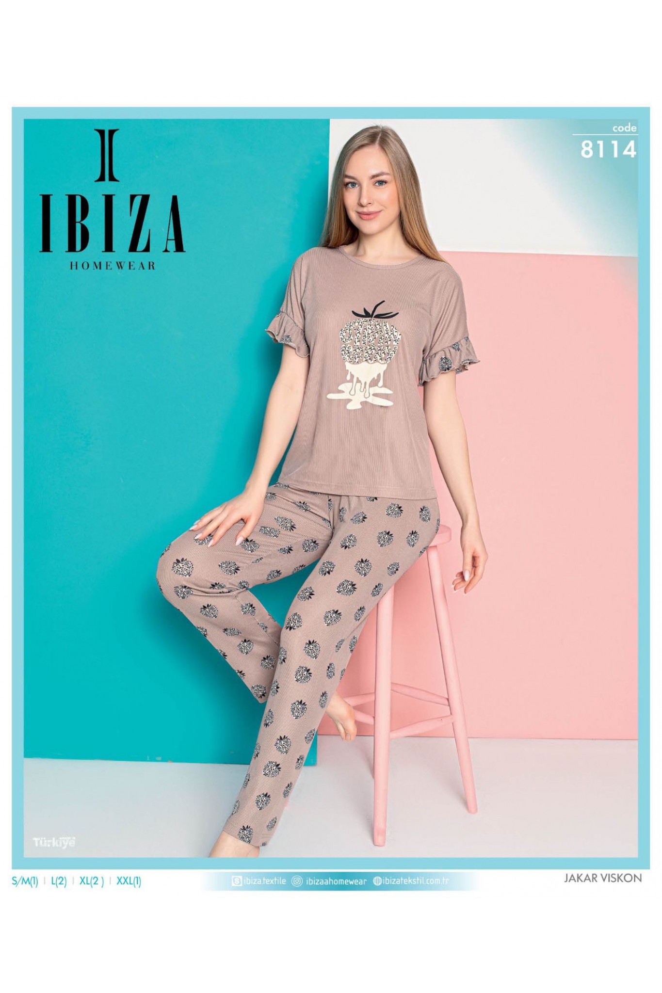 Ibıza 8114 Kadın Jakar Viskon Bej Kısa Kollu Pijama Takım
