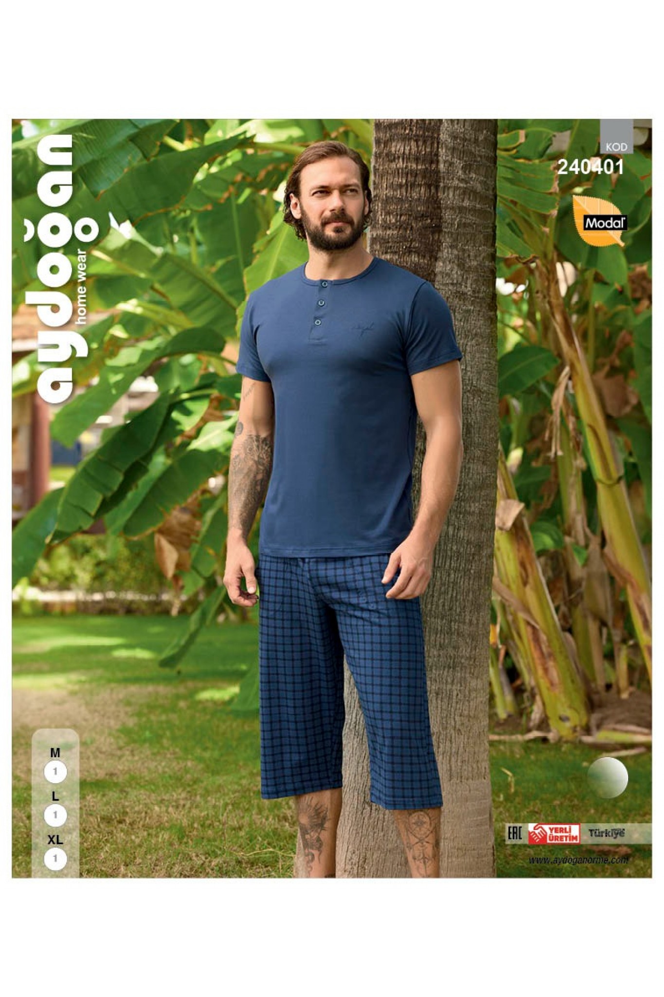 Aydoğan 240401 Erkek Modal Bermuda Patlı Kısa Kollu Pijama Takım