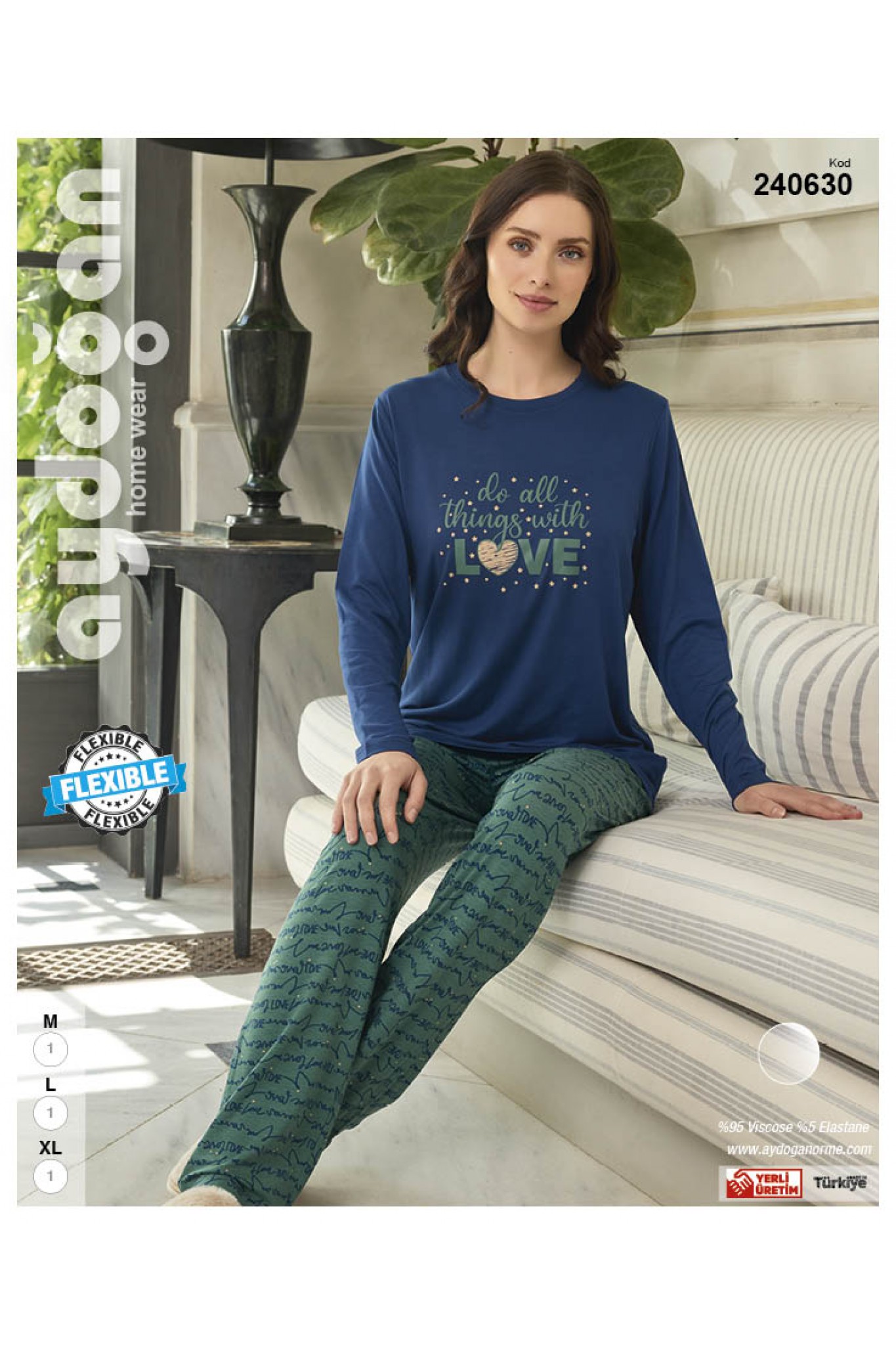 Aydoğan 240630 Kadın Viskon Bisiklet Yaka Uzun Kollu Pijama Takım