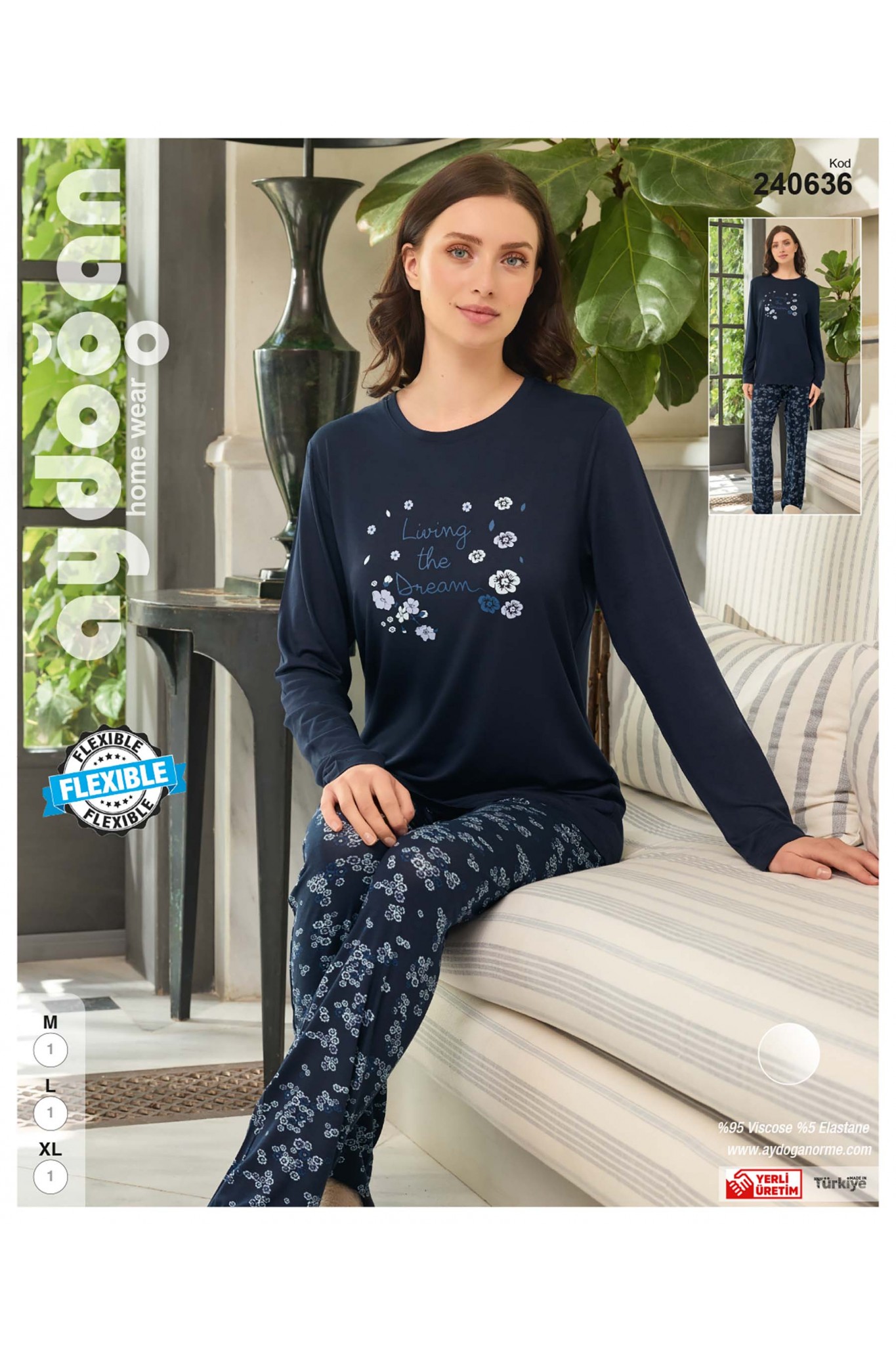 Aydoğan 240636 Kadın Viskon Bisiklet Yaka Uzun Kollu Pijama Takım