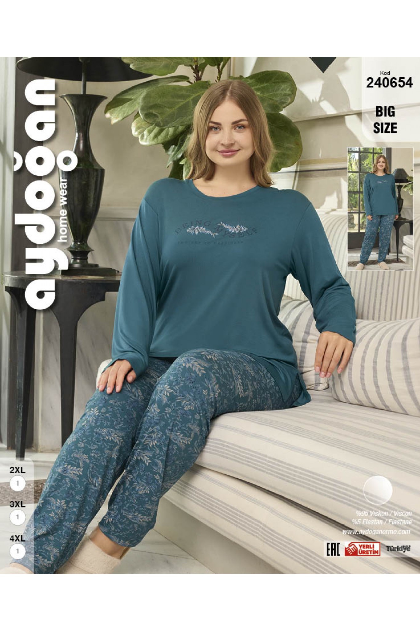 Aydoğan 240654 Kadın Battal. Viskon Bisiklet Yaka Uzun Kollu Pijama Takım